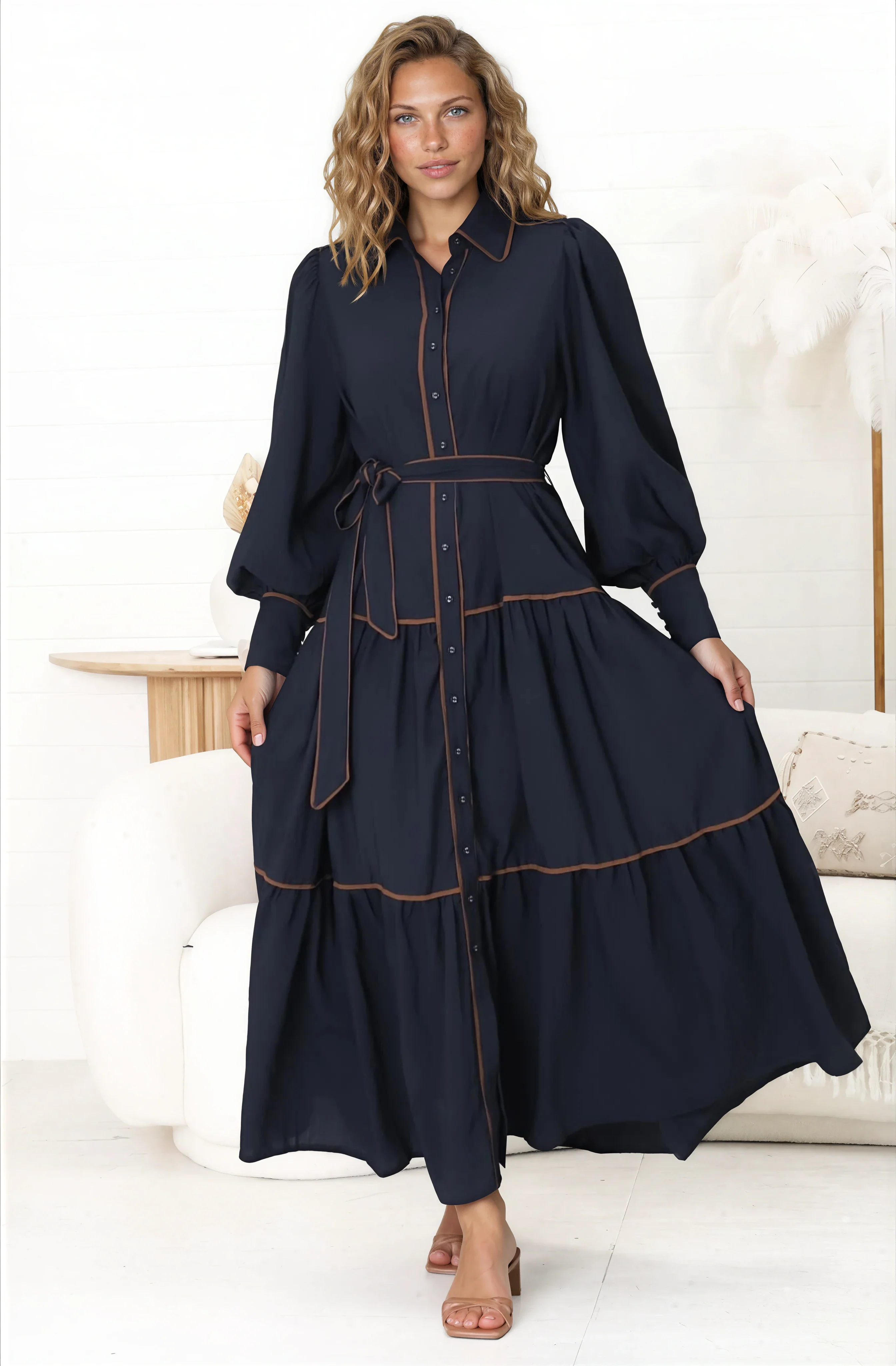 Marise Maxi Dress - A Line Dress with Collared Neckline and Long Sleeves in Navy - Image 8