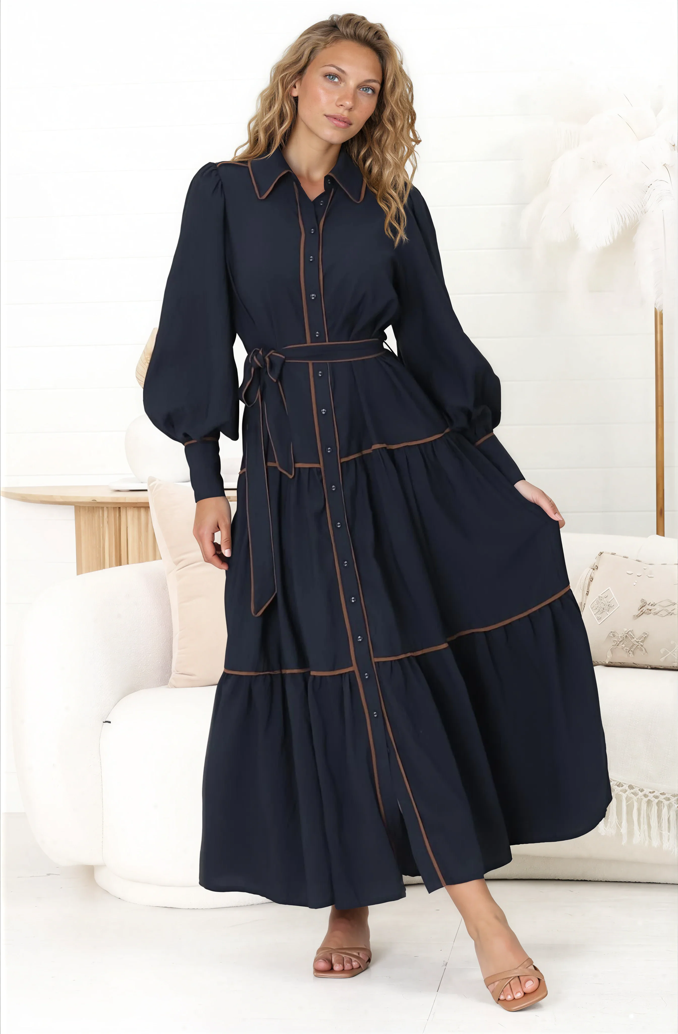 Marise Maxi Dress - A Line Dress with Collared Neckline and Long Sleeves in Navy - Image 9