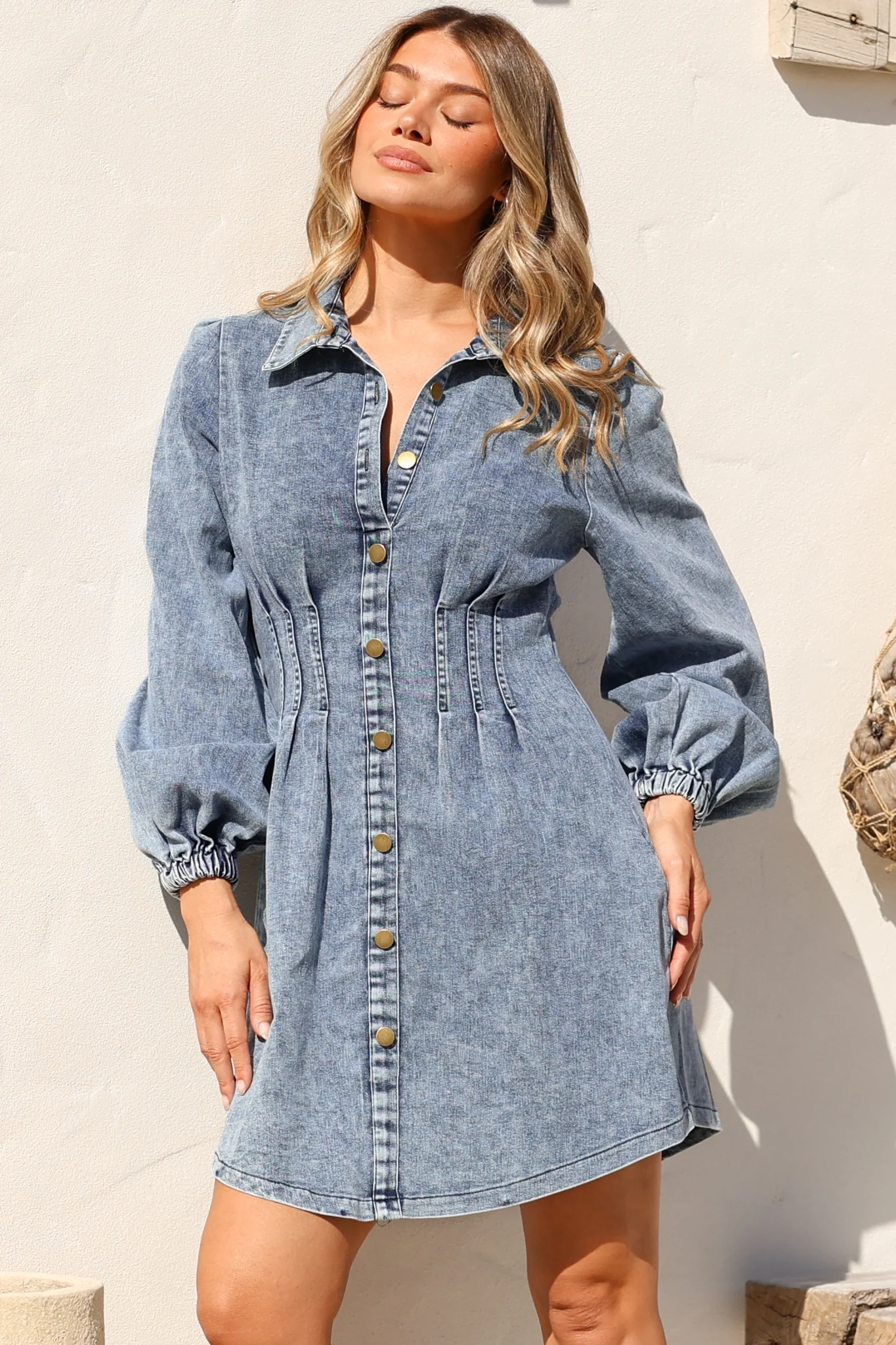 Marlana Mini Dress - Wing Collar A-Line Button Down Denim Dress in Mid Denim Wash - Image 3