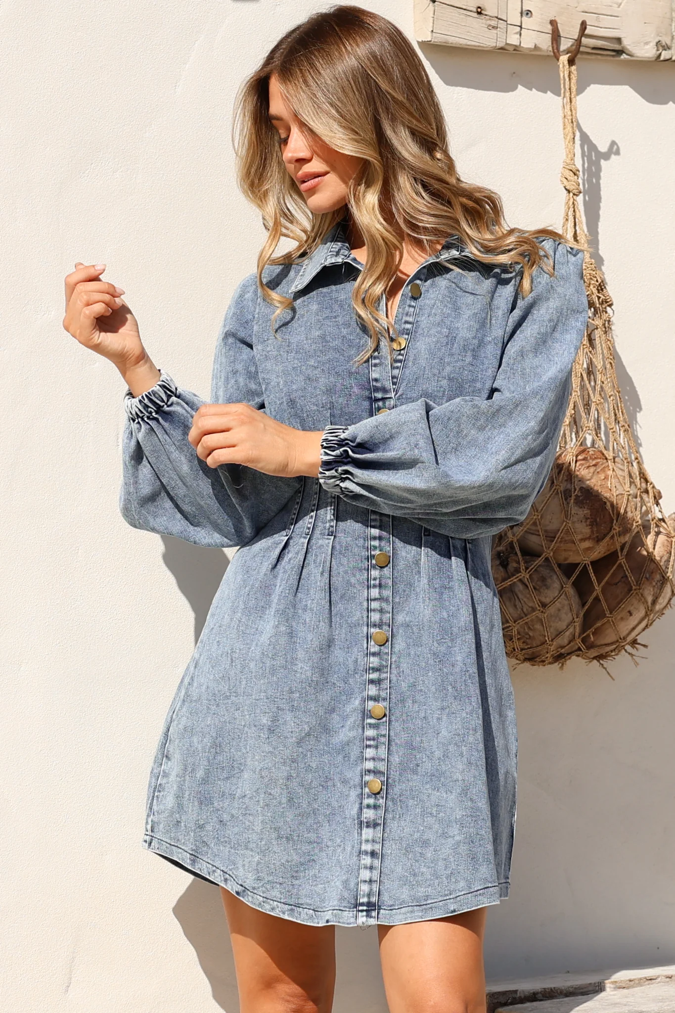 Marlana Mini Dress - Wing Collar A-Line Button Down Denim Dress in Mid Denim Wash - Image 4