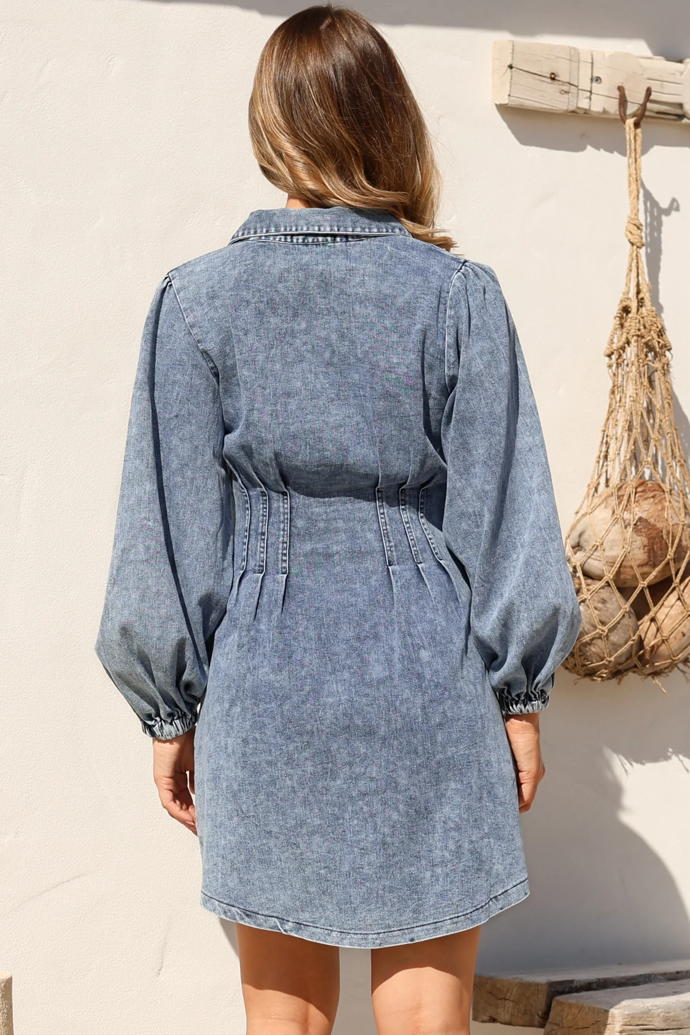 Marlana Mini Dress - Wing Collar A-Line Button Down Denim Dress in Mid Denim Wash - Image 7