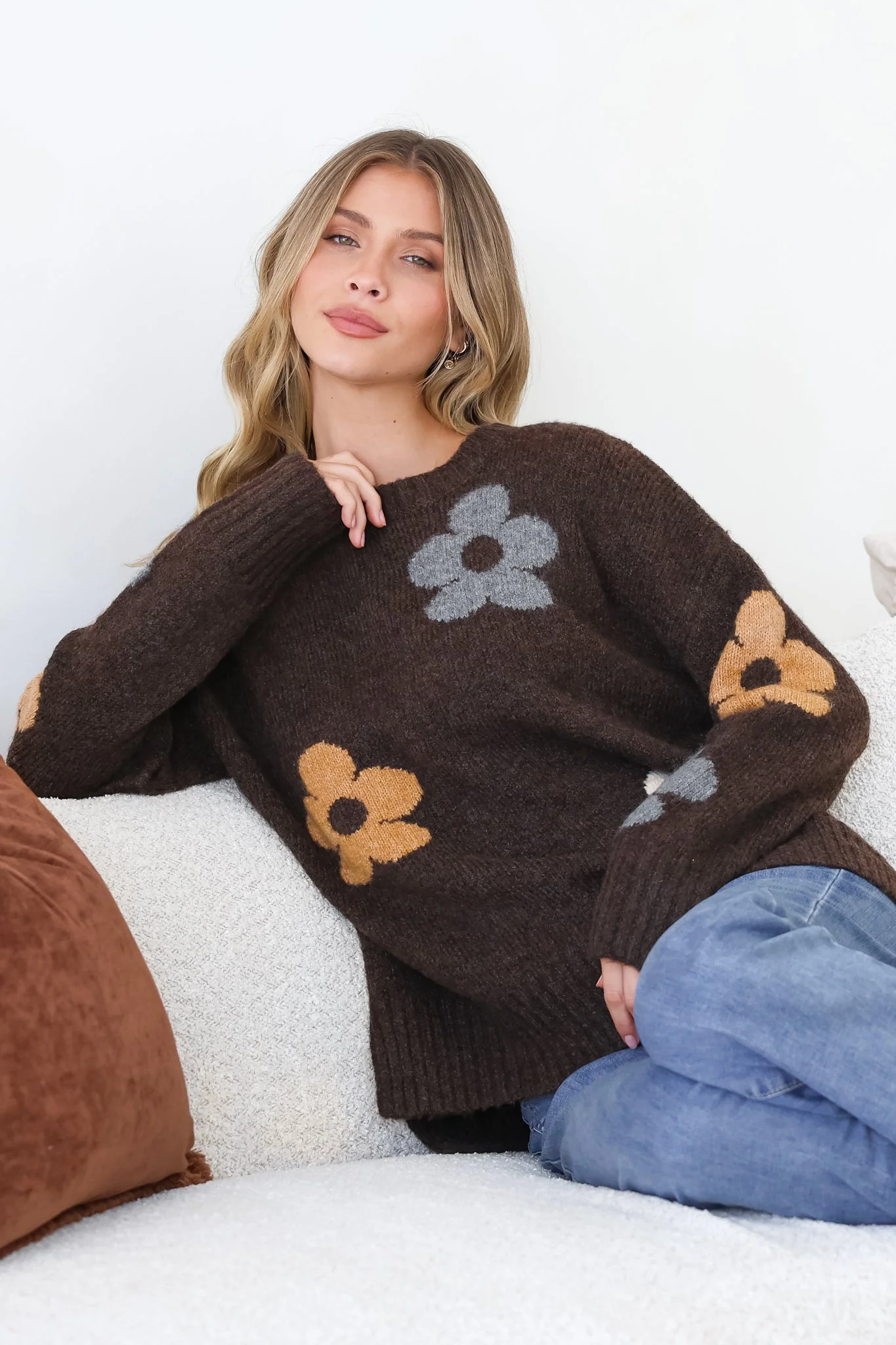 Marlo Jumper - Crew Neck Floral Knit with Ribbed Hemlines in Chocolate - Image 2