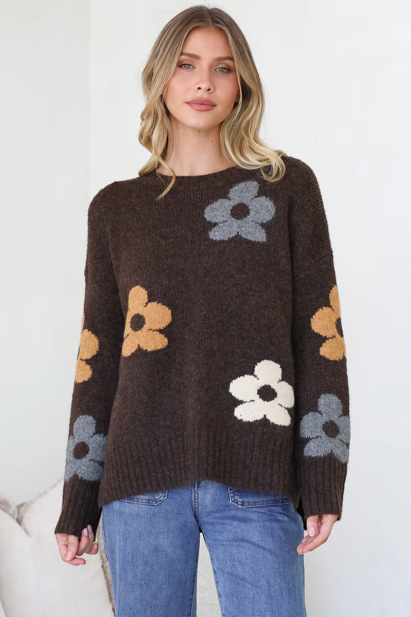 Marlo Jumper - Crew Neck Floral Knit with Ribbed Hemlines in Chocolate - Image 3