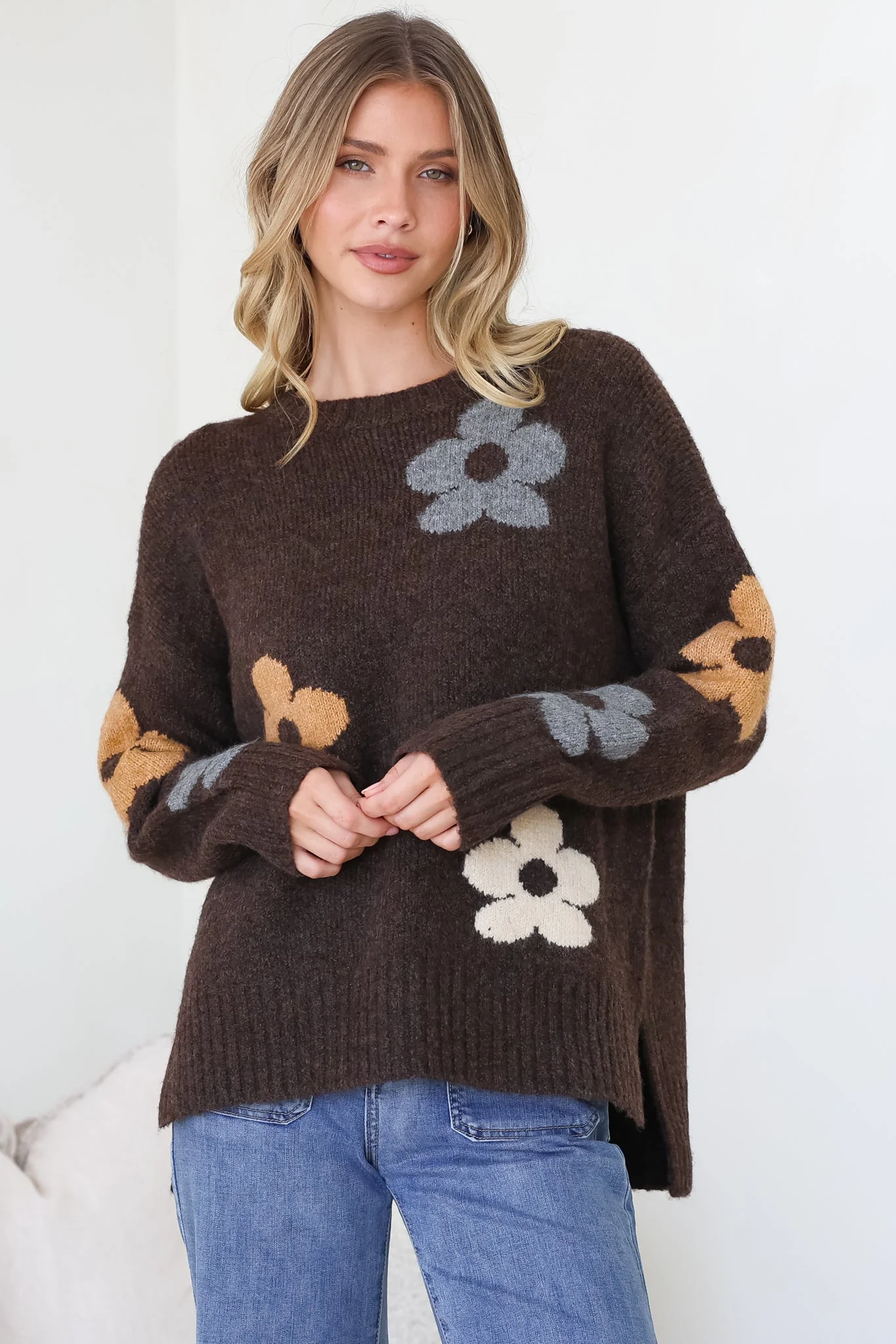 Marlo Jumper - Crew Neck Floral Knit with Ribbed Hemlines in Chocolate - Image 4