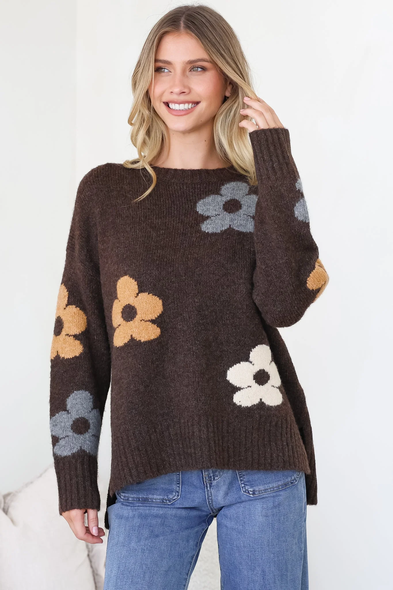 Marlo Jumper - Crew Neck Floral Knit with Ribbed Hemlines in Chocolate - Image 5