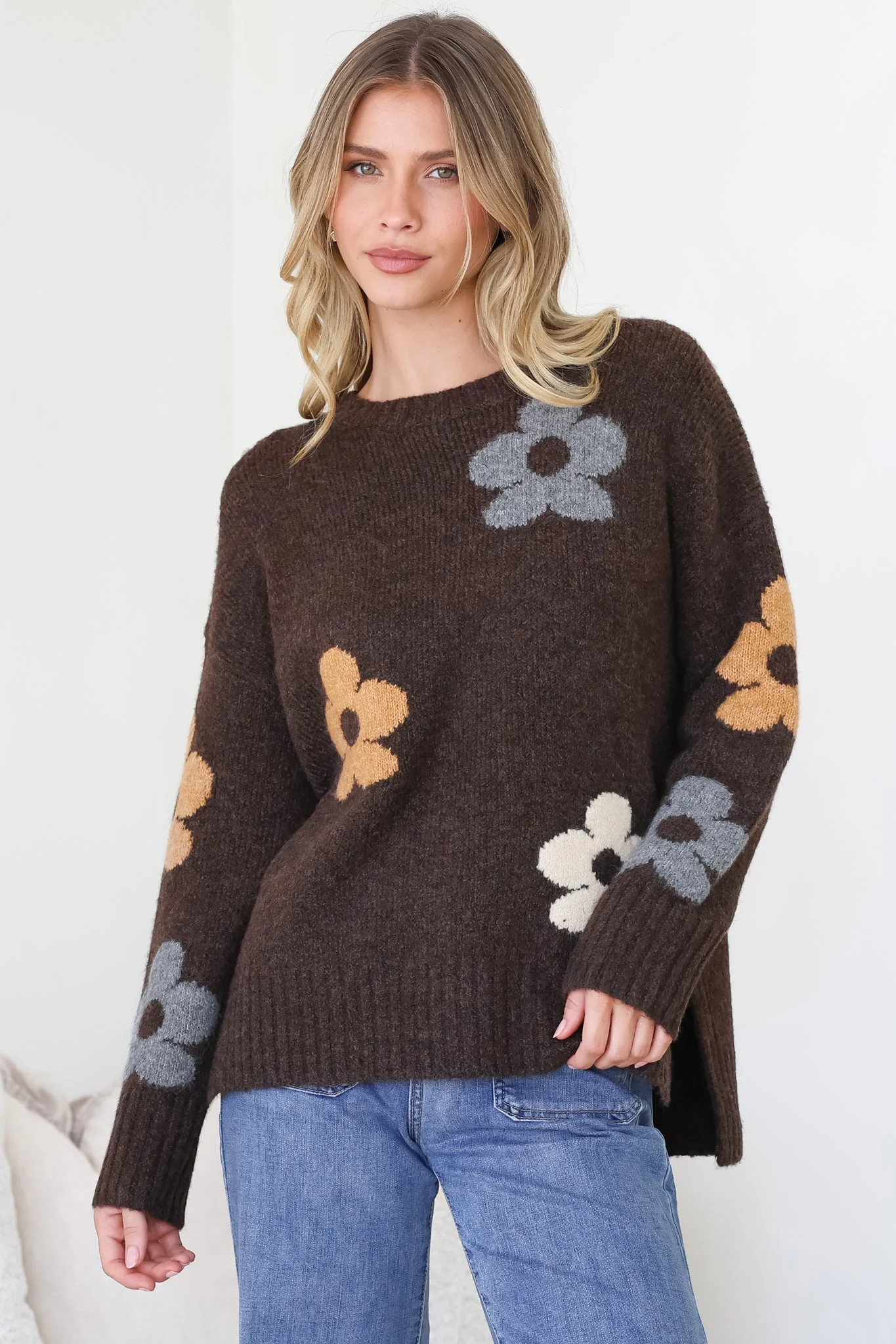Marlo Jumper - Crew Neck Floral Knit with Ribbed Hemlines in Chocolate - Image 6