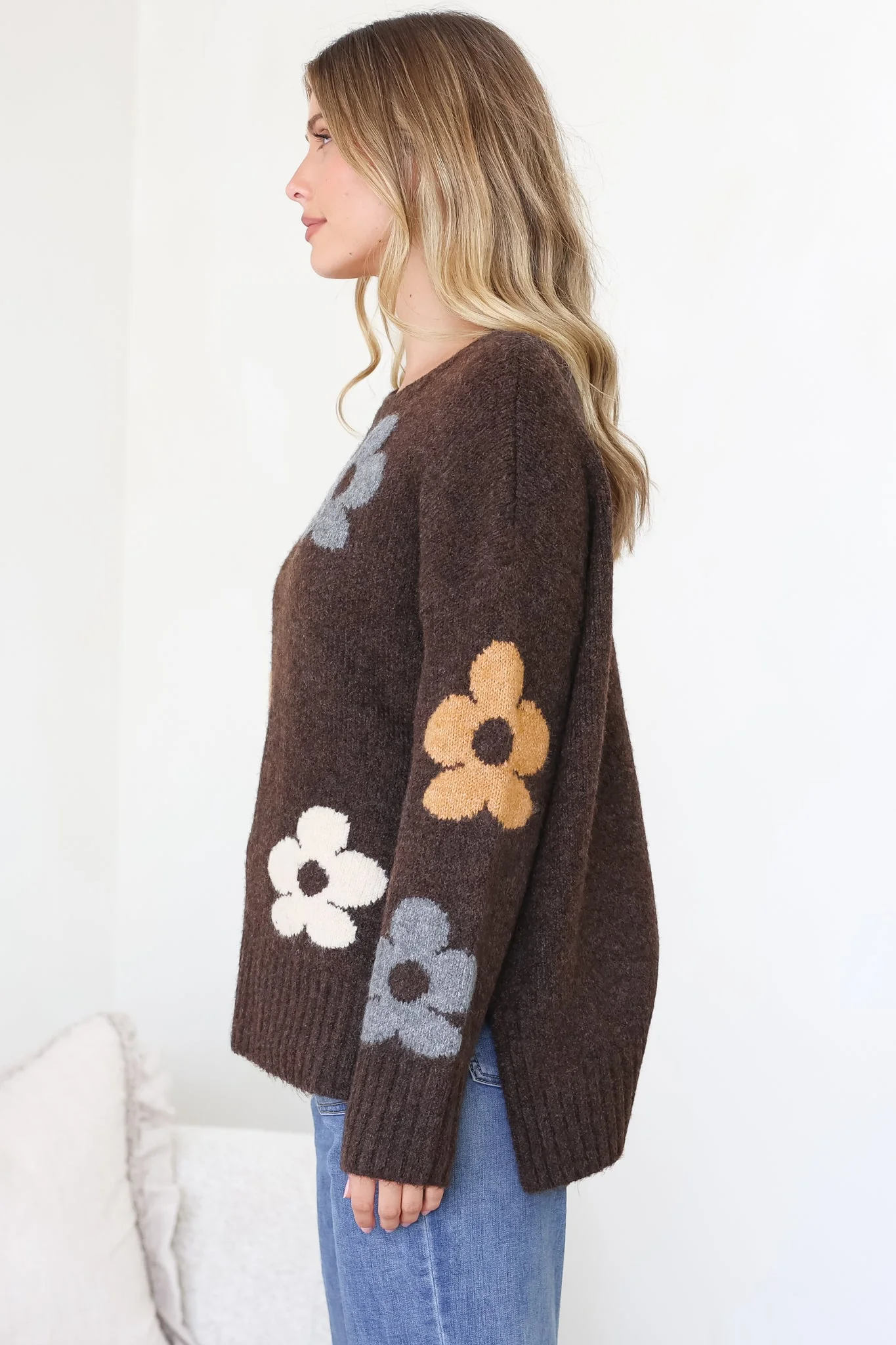 Marlo Jumper - Crew Neck Floral Knit with Ribbed Hemlines in Chocolate - Image 7