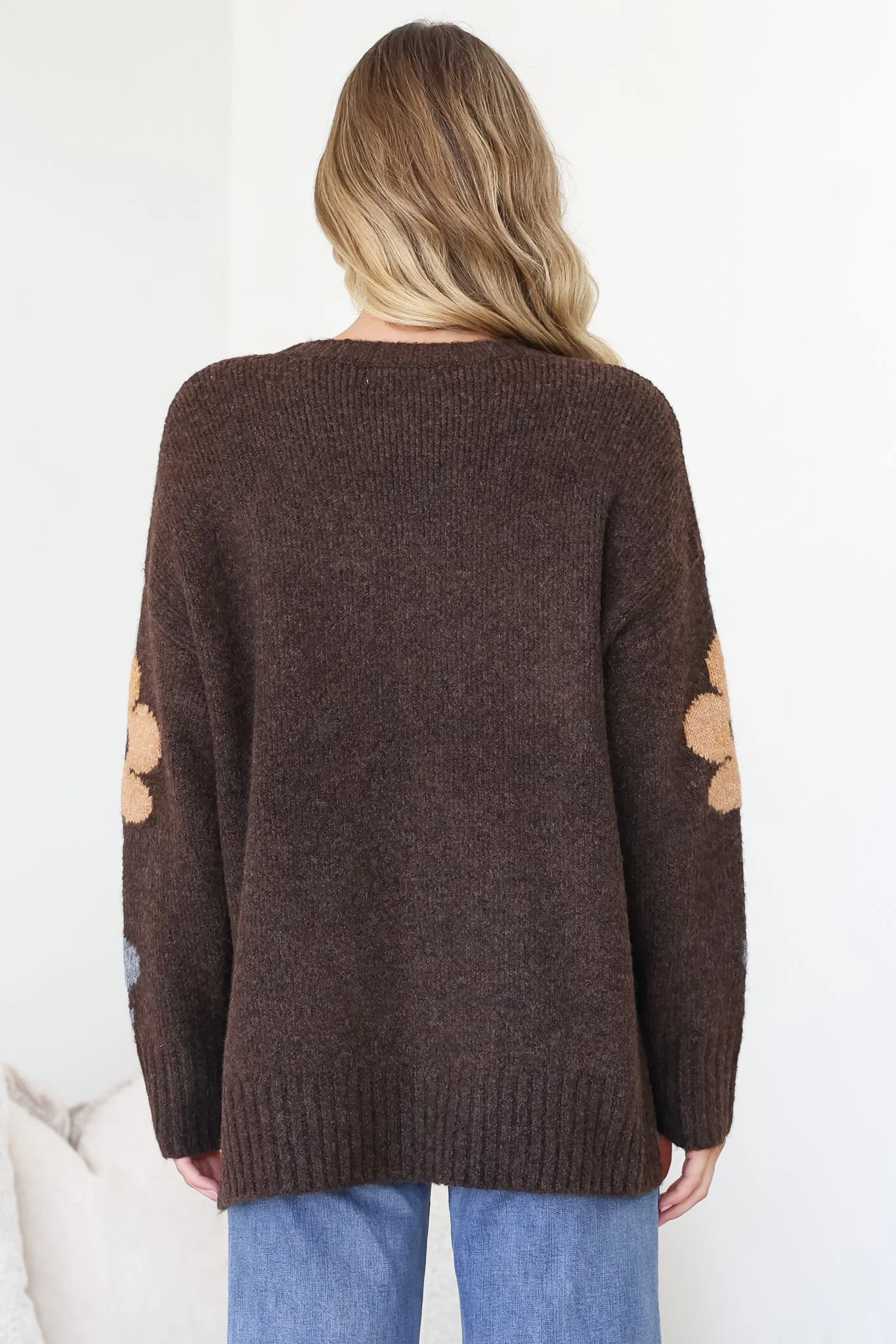 Marlo Jumper - Crew Neck Floral Knit with Ribbed Hemlines in Chocolate - Image 8