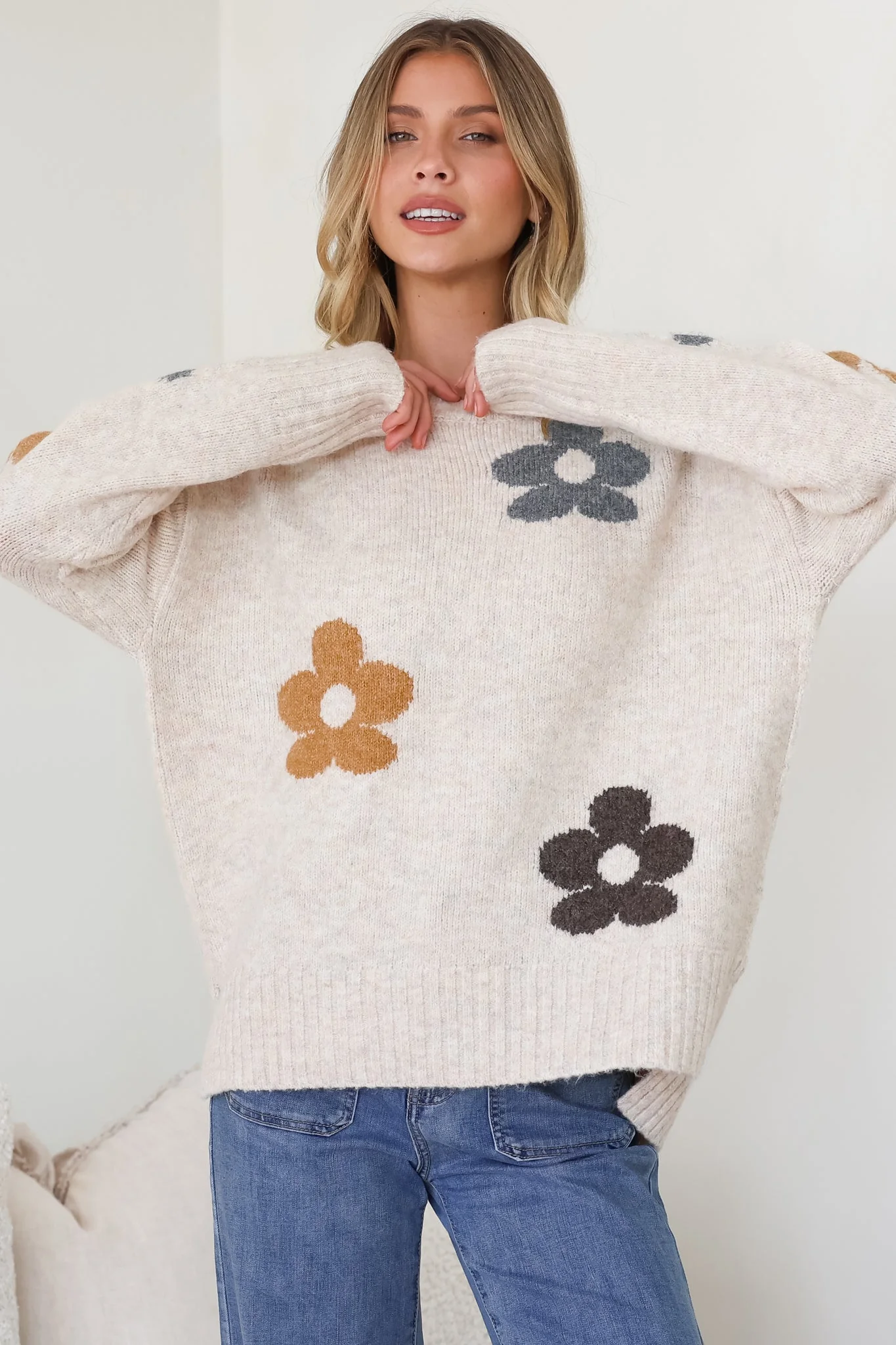 Marlo Jumper - Crew Neck Floral Knit with Ribbed Hemlines in Oatmeal - Image 2