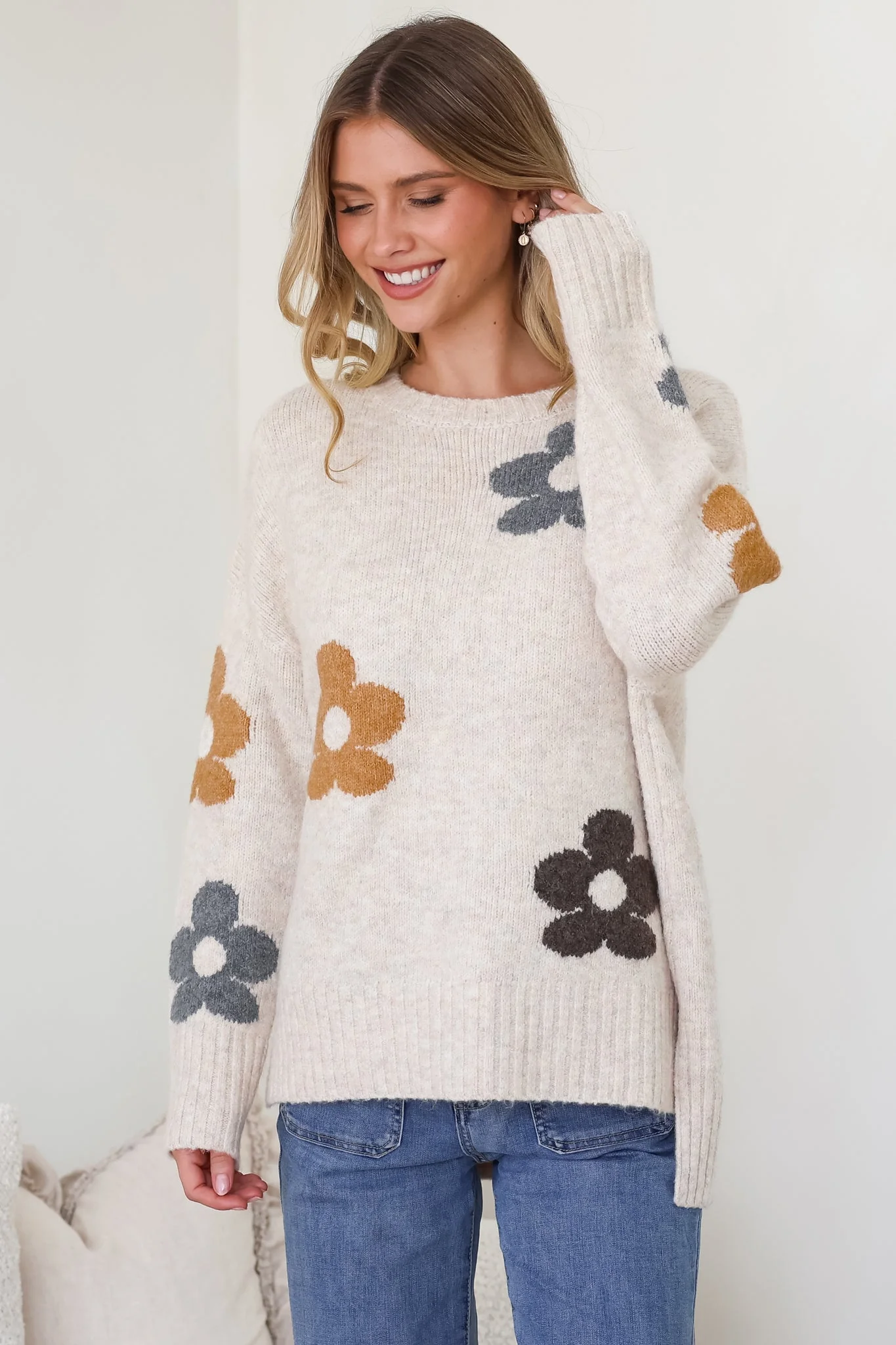 Marlo Jumper - Crew Neck Floral Knit with Ribbed Hemlines in Oatmeal - Image 3