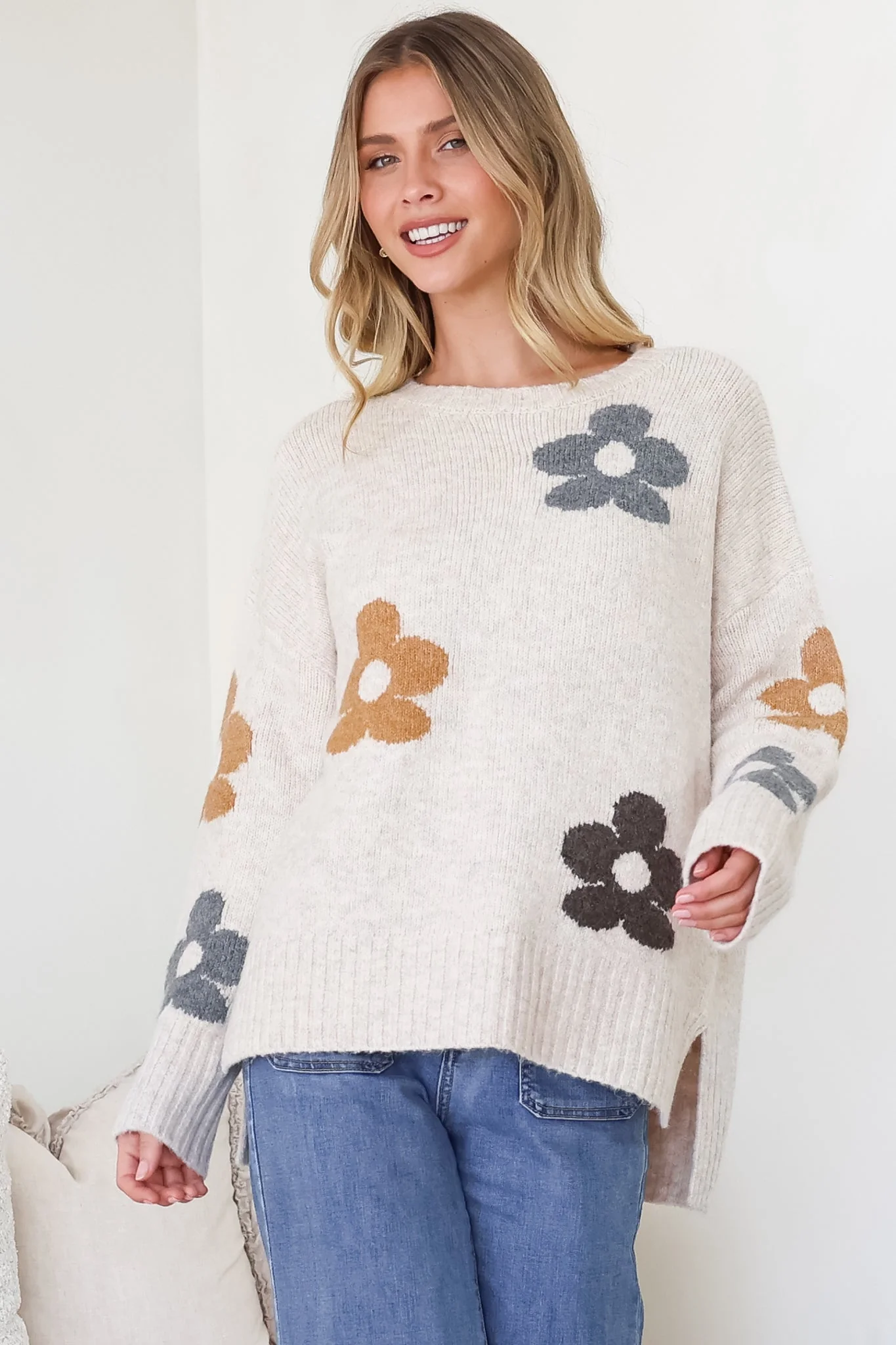 Marlo Jumper - Crew Neck Floral Knit with Ribbed Hemlines in Oatmeal - Image 5