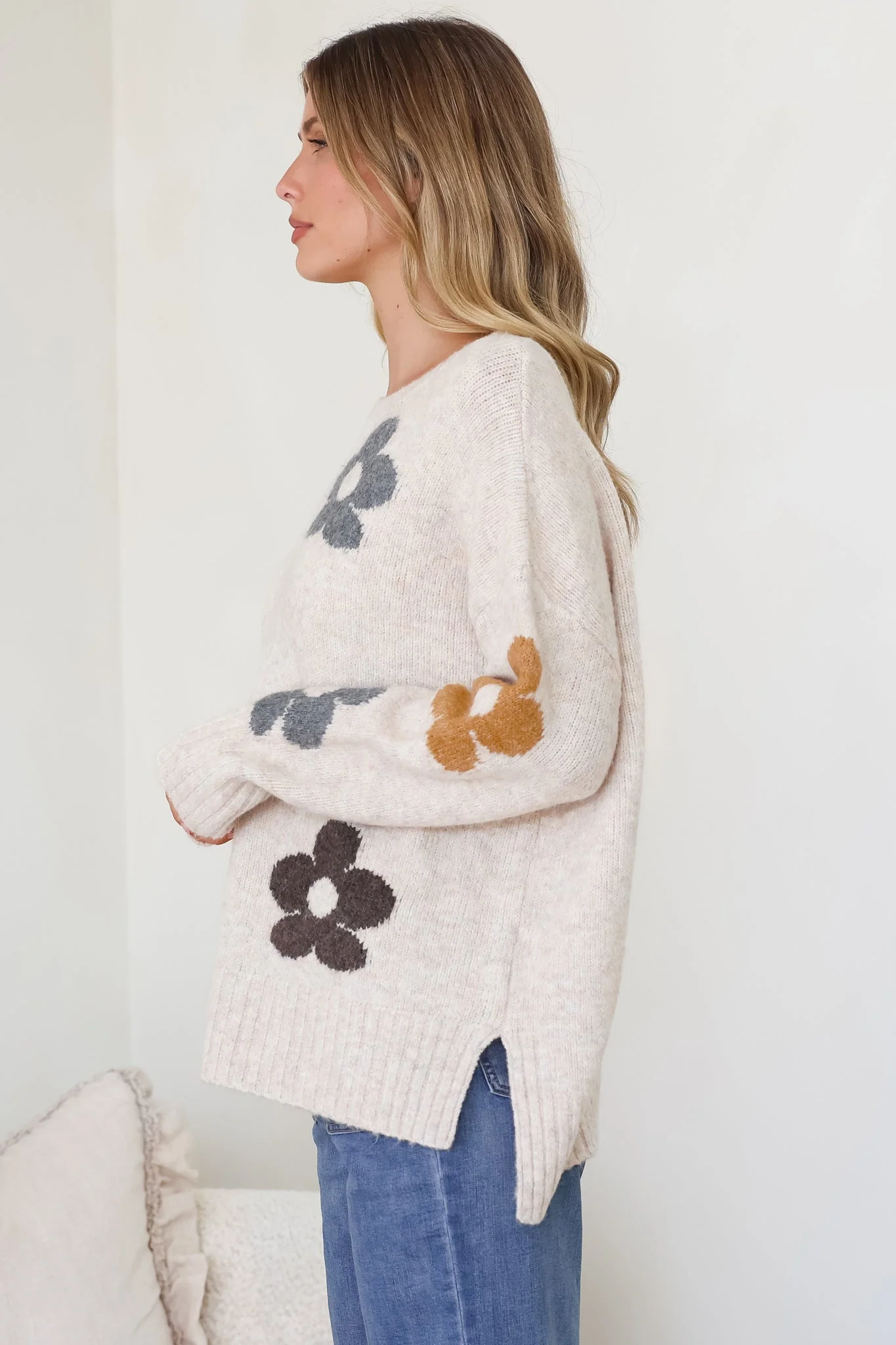 Marlo Jumper - Crew Neck Floral Knit with Ribbed Hemlines in Oatmeal - Image 6