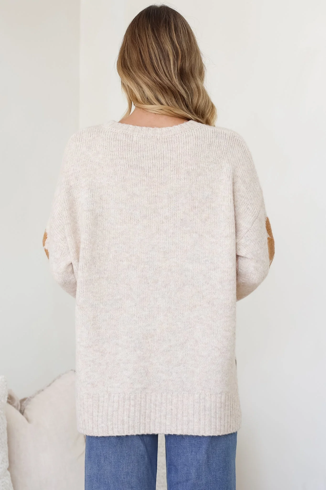 Marlo Jumper - Crew Neck Floral Knit with Ribbed Hemlines in Oatmeal - Image 7