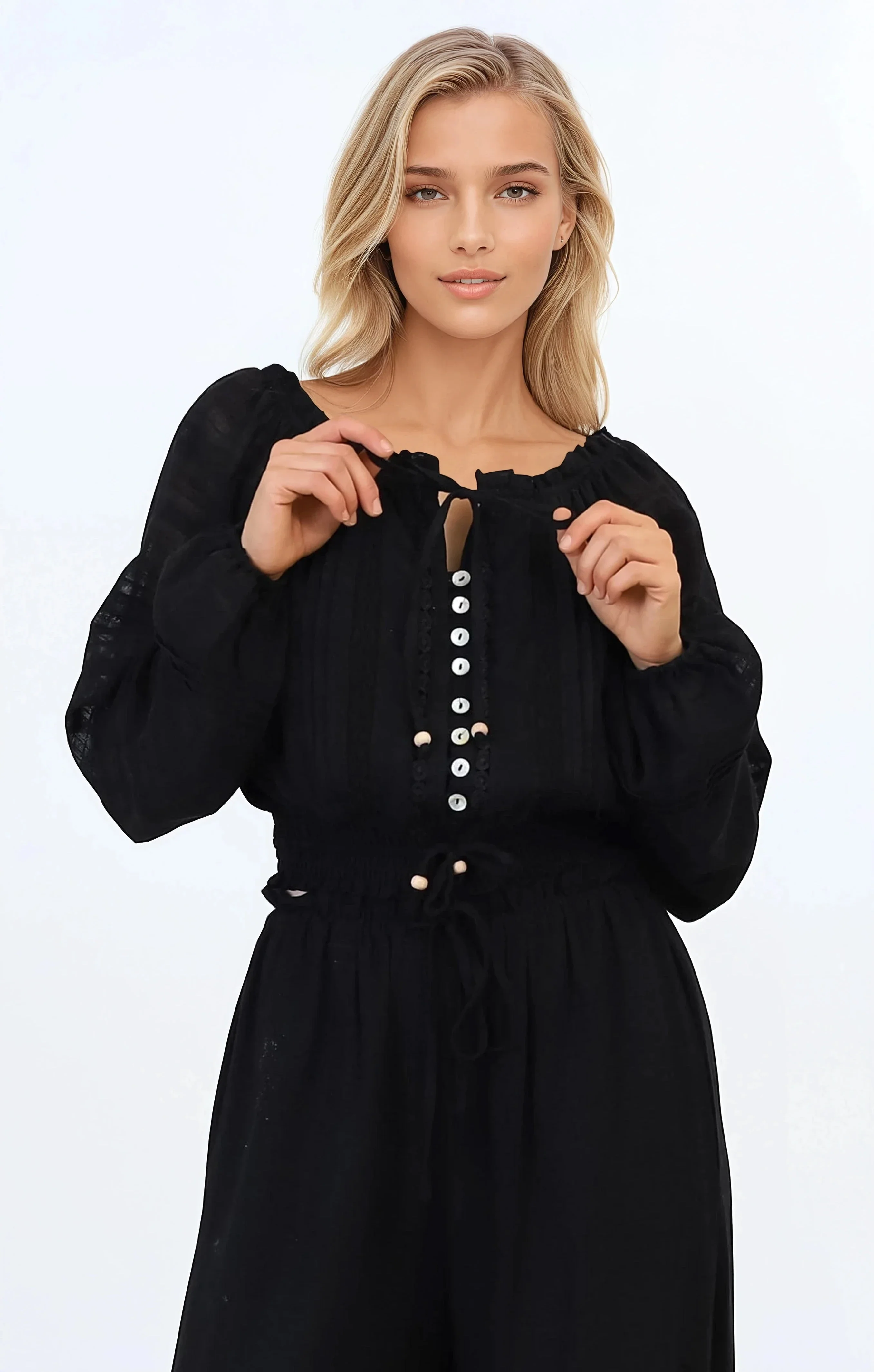 Marlon Top - On or Off Shoulder Pin Tuck Detail Long Balloon Sleeve Crop in Black - Image 3