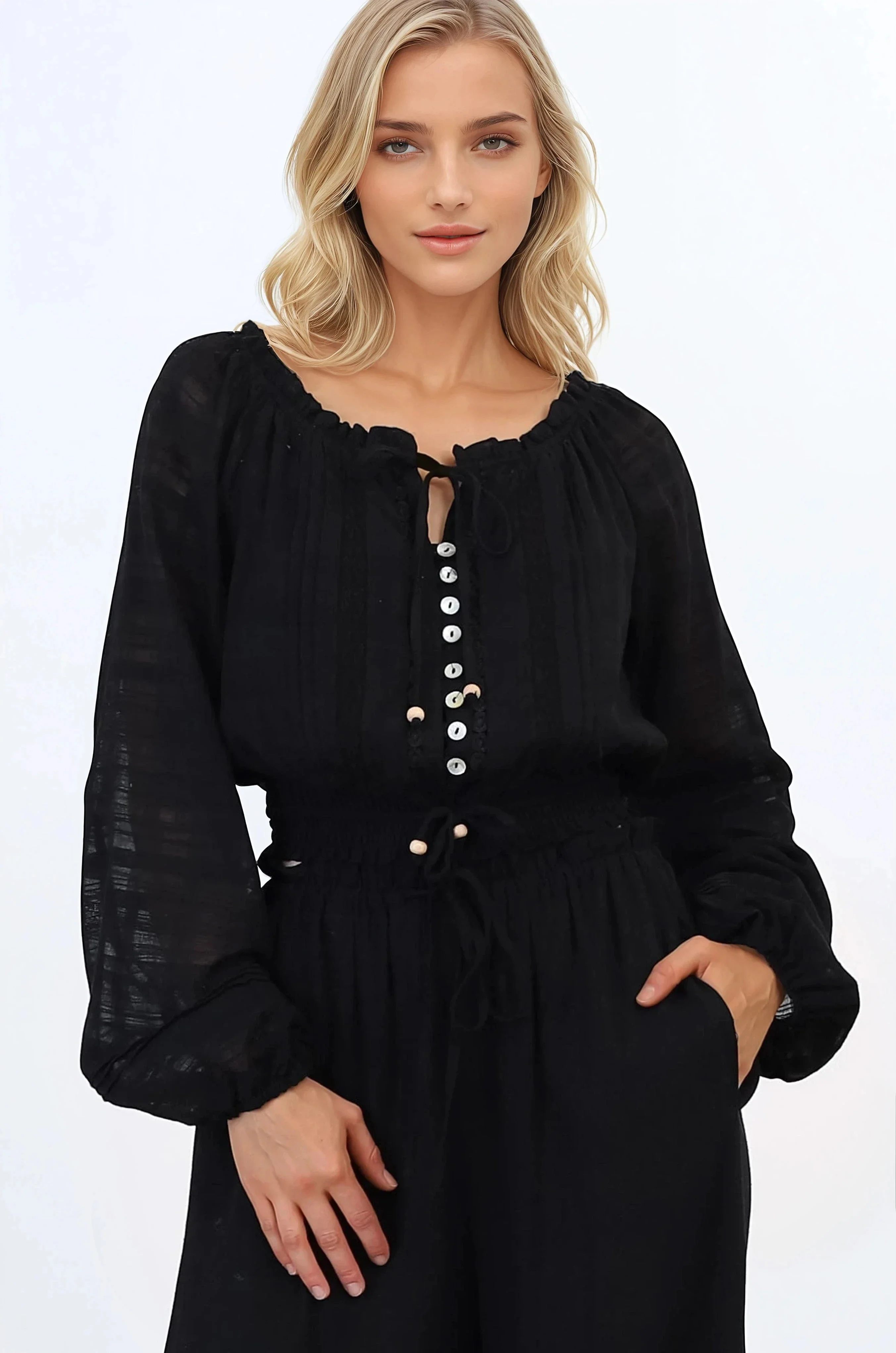 Marlon Top - On or Off Shoulder Pin Tuck Detail Long Balloon Sleeve Crop in Black - Image 5