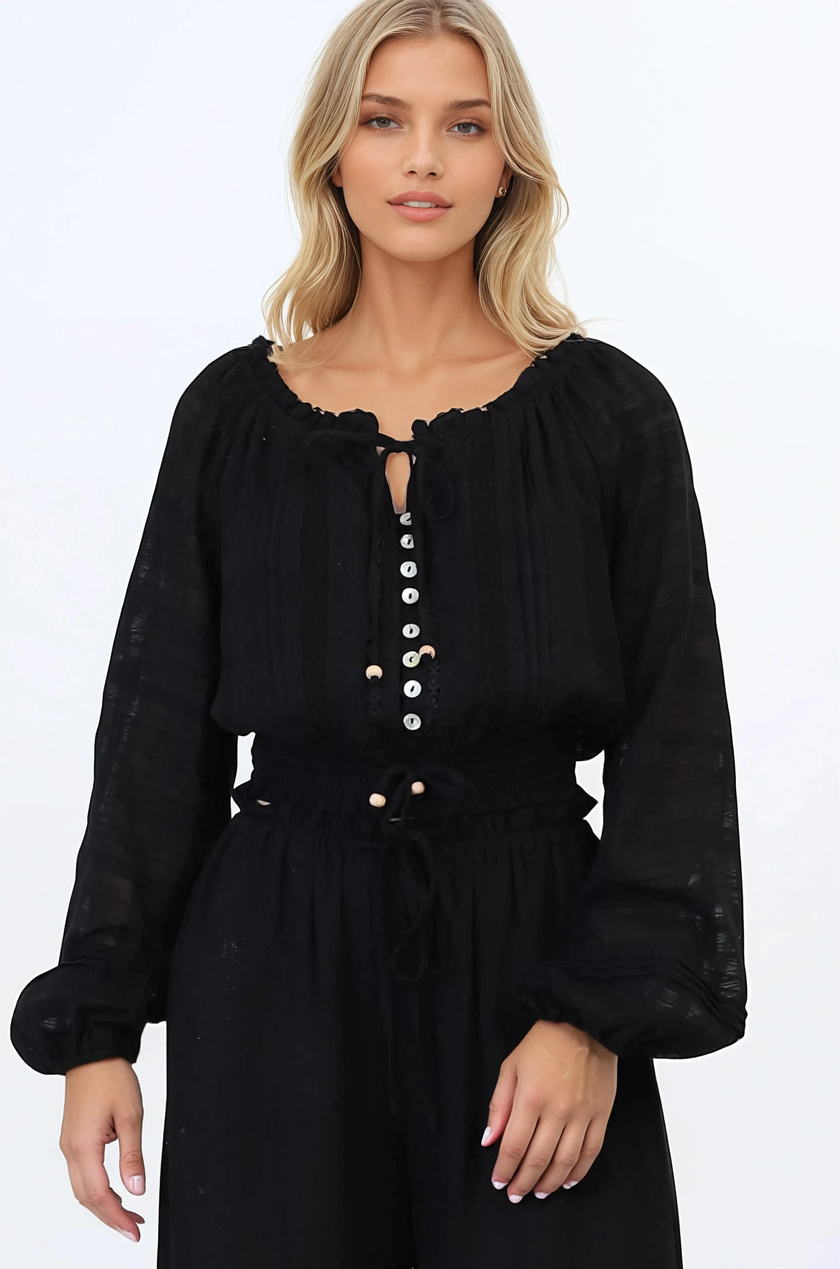 Marlon Top - On or Off Shoulder Pin Tuck Detail Long Balloon Sleeve Crop in Black - Image 6