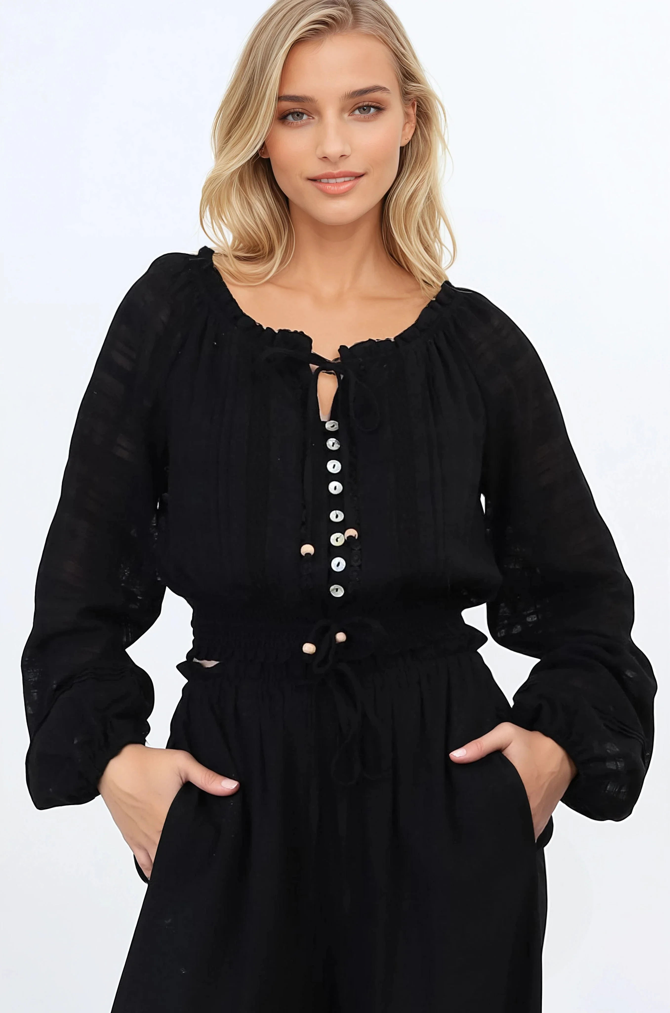 Marlon Top - On or Off Shoulder Pin Tuck Detail Long Balloon Sleeve Crop in Black - Image 7