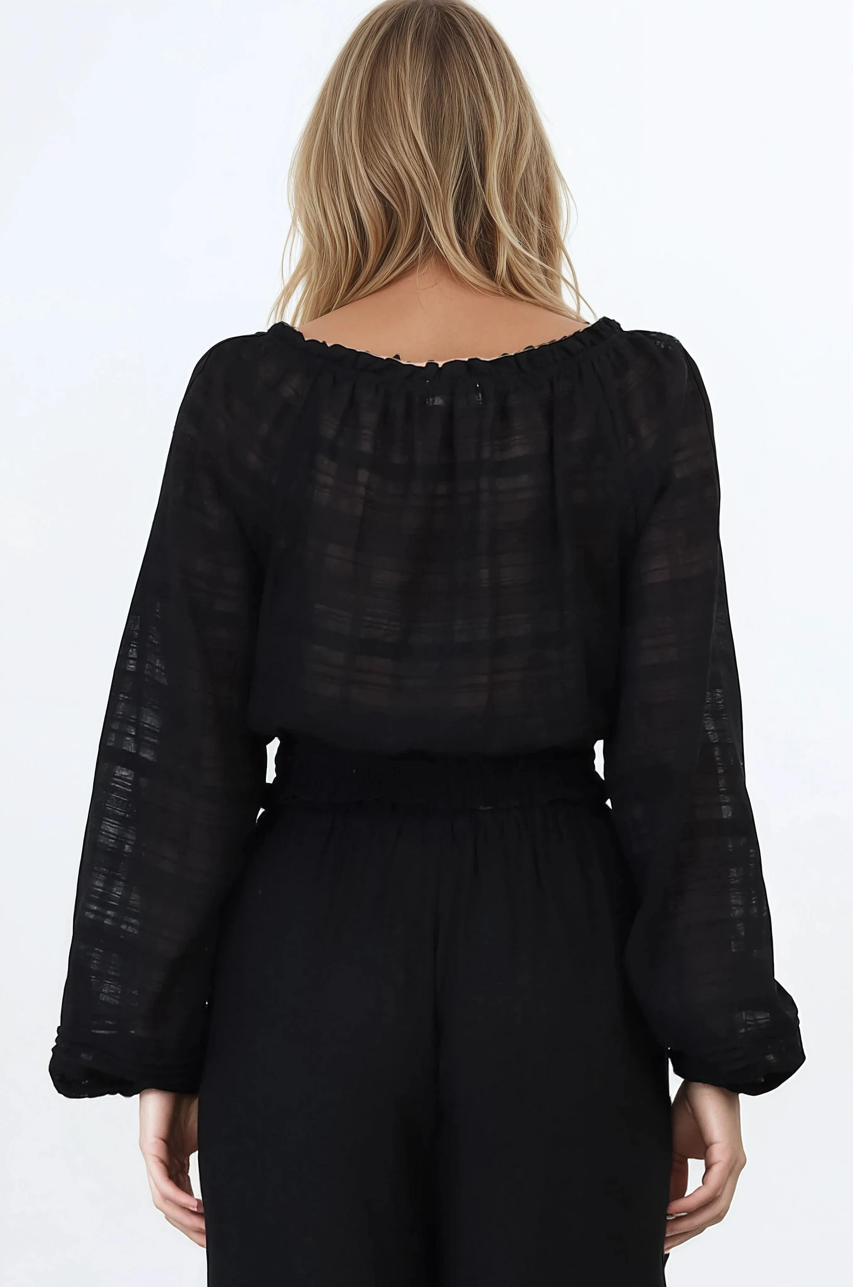 Marlon Top - On or Off Shoulder Pin Tuck Detail Long Balloon Sleeve Crop in Black - Image 9