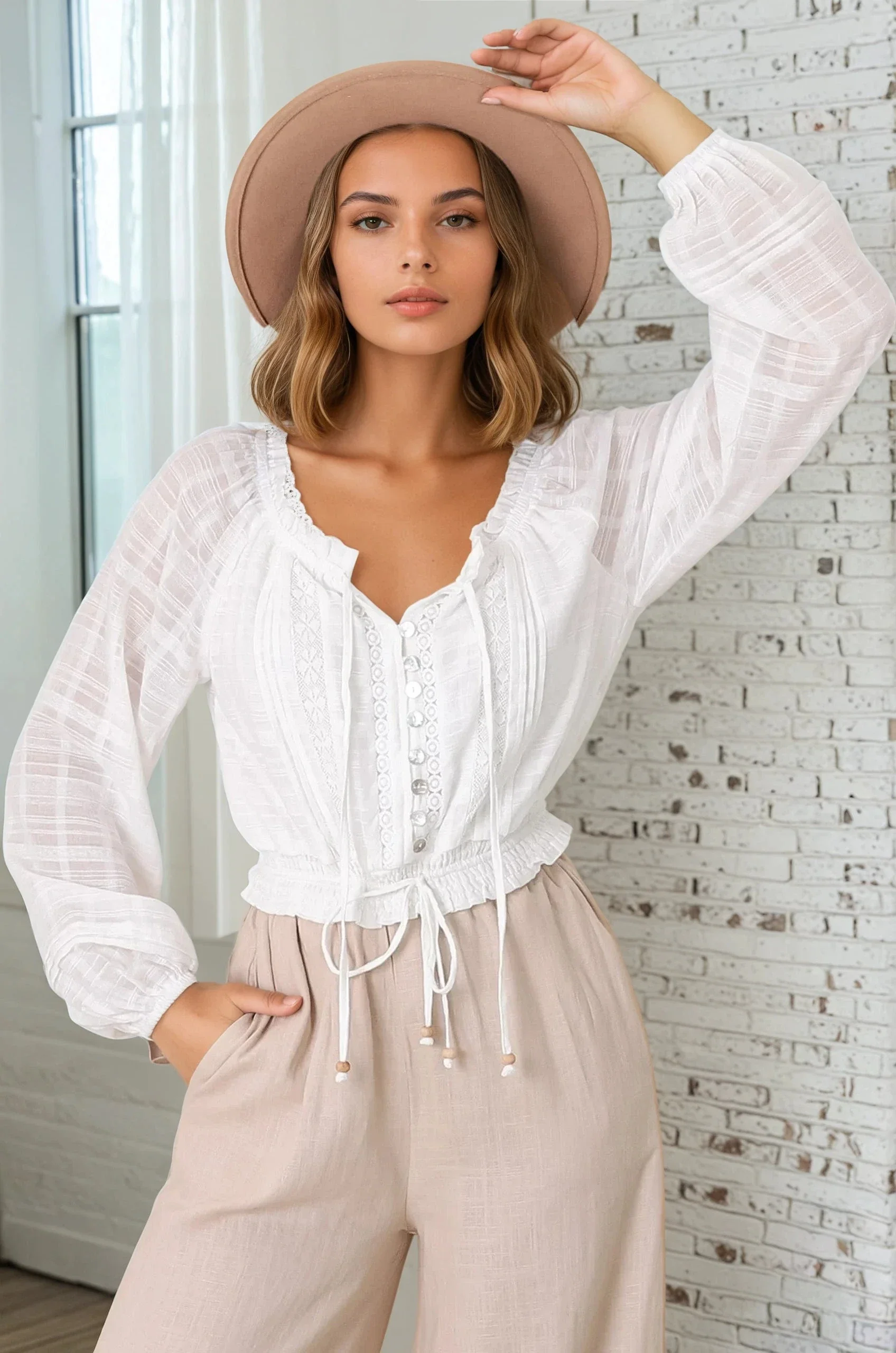 Marlon Top - On or Off Shoulder Pin Tuck Detail Long Balloon Sleeve Crop in White - Image 7