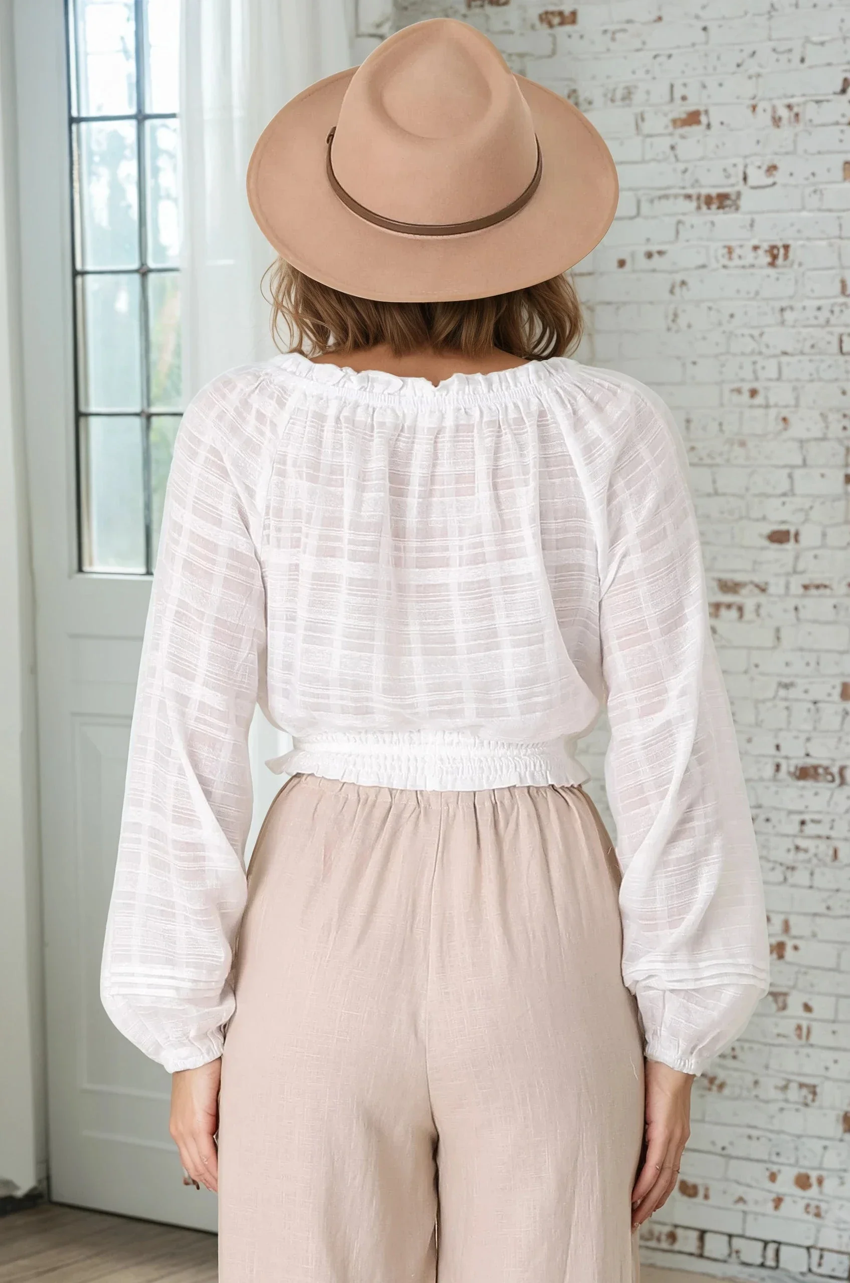 Marlon Top - On or Off Shoulder Pin Tuck Detail Long Balloon Sleeve Crop in White - Image 9
