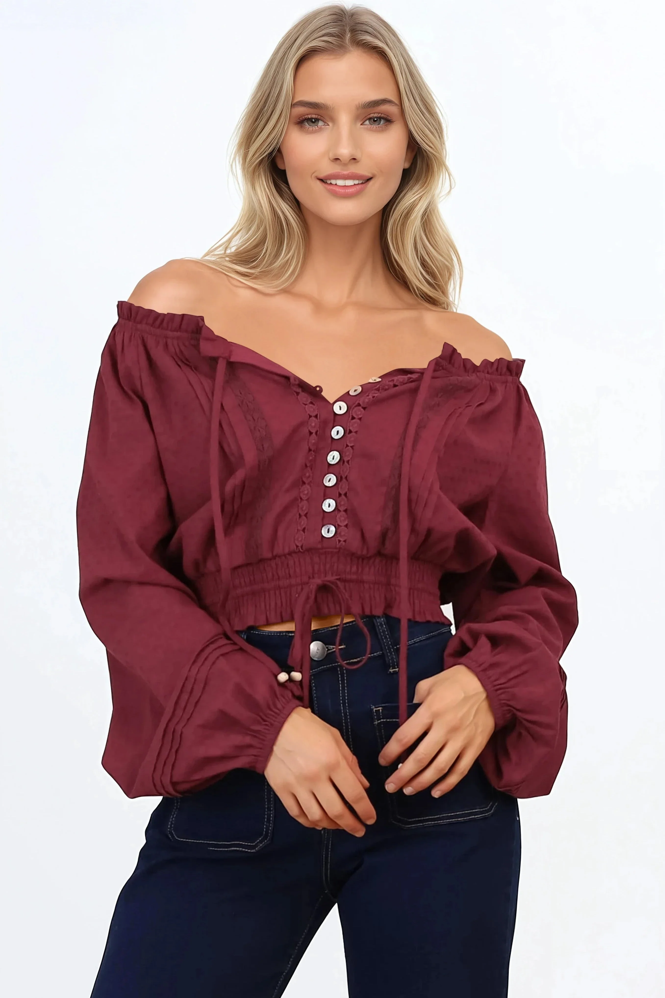 Marlon Top - On or Off Shoulder Pin Tuck Detail Long Balloon Sleeve Crop in Wine - Image 2