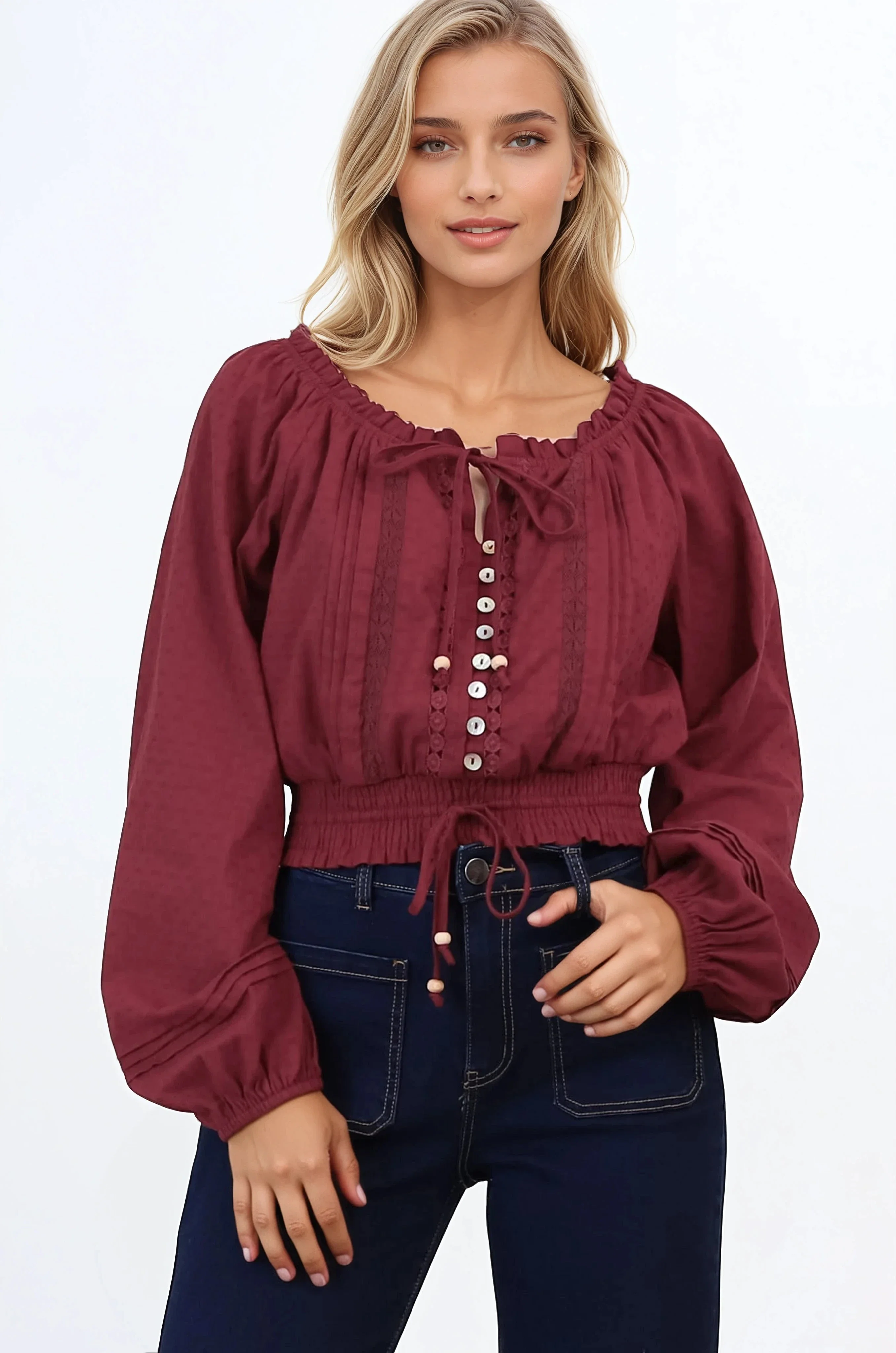 Marlon Top - On or Off Shoulder Pin Tuck Detail Long Balloon Sleeve Crop in Wine - Image 3