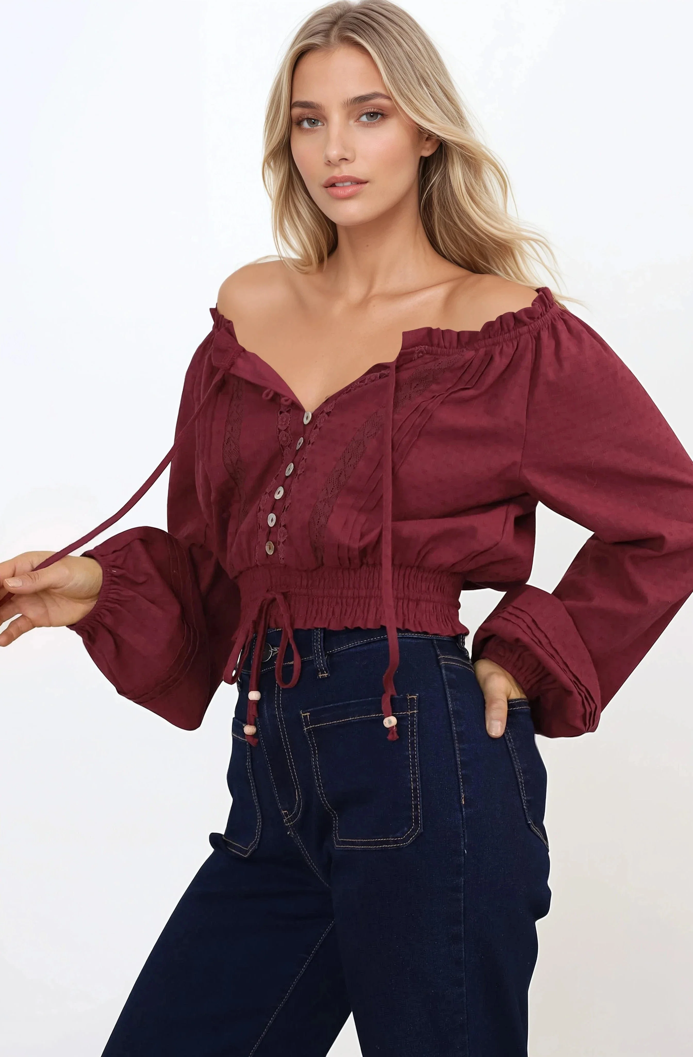 Marlon Top - On or Off Shoulder Pin Tuck Detail Long Balloon Sleeve Crop in Wine - Image 4