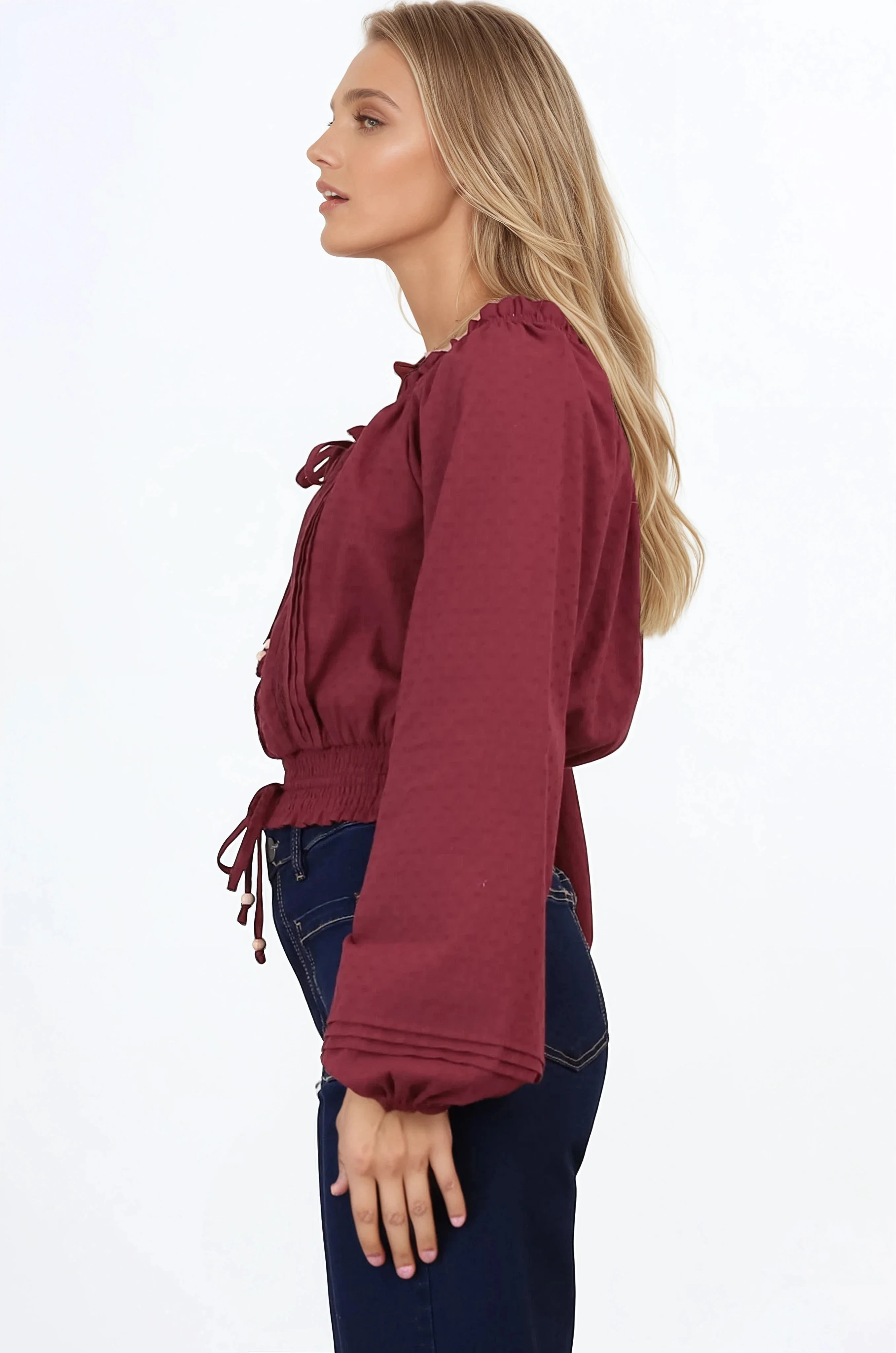 Marlon Top - On or Off Shoulder Pin Tuck Detail Long Balloon Sleeve Crop in Wine - Image 5