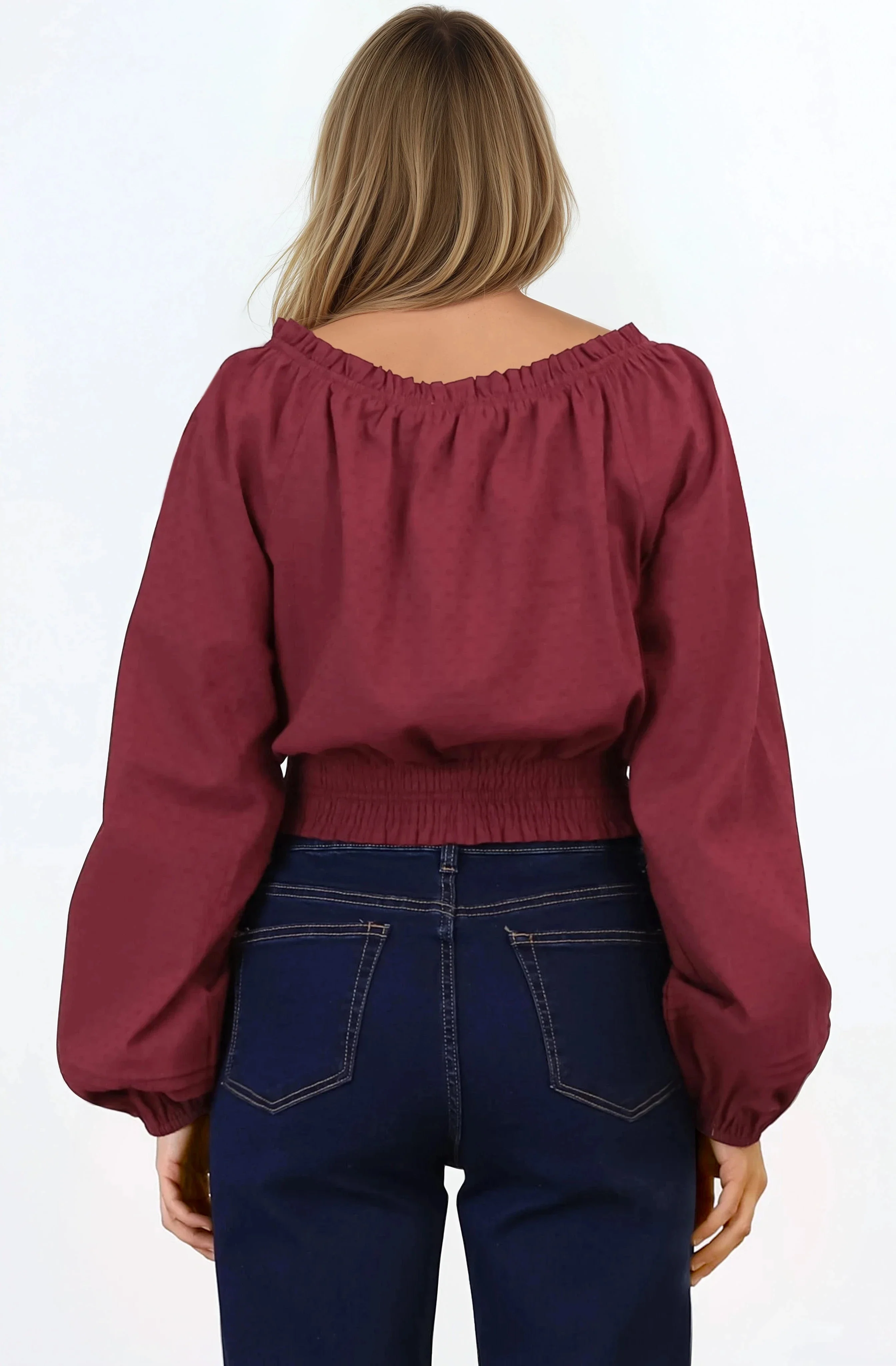 Marlon Top - On or Off Shoulder Pin Tuck Detail Long Balloon Sleeve Crop in Wine - Image 6