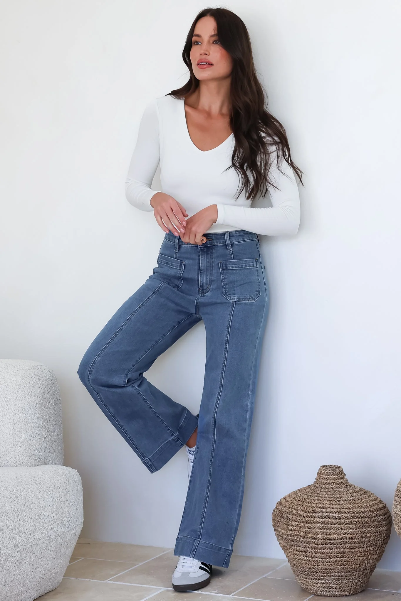 Marsha Jeans - High Waisted Wide Leg Jean with Front Seam Detail in Mid Denim Wash - Image 3