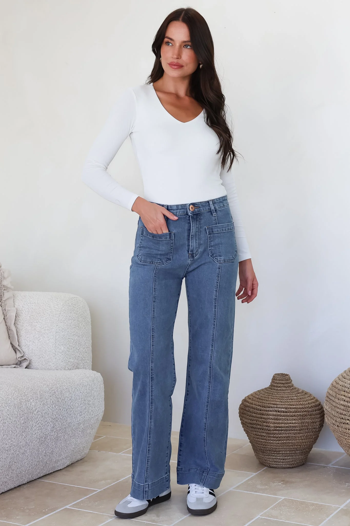 Marsha Jeans - High Waisted Wide Leg Jean with Front Seam Detail in Mid Denim Wash - Image 4