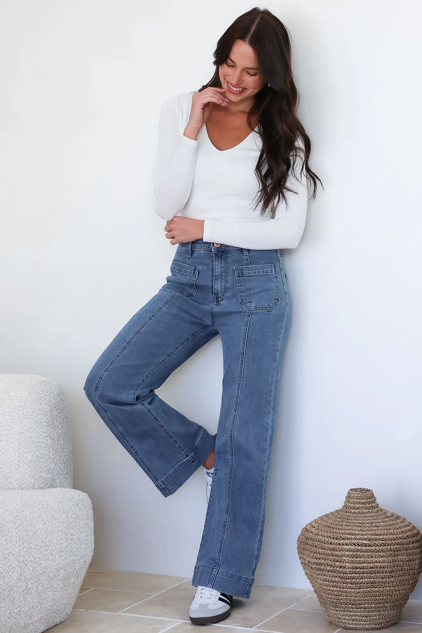 Marsha Jeans - High Waisted Wide Leg Jean with Front Seam Detail in Mid Denim Wash - Image 5