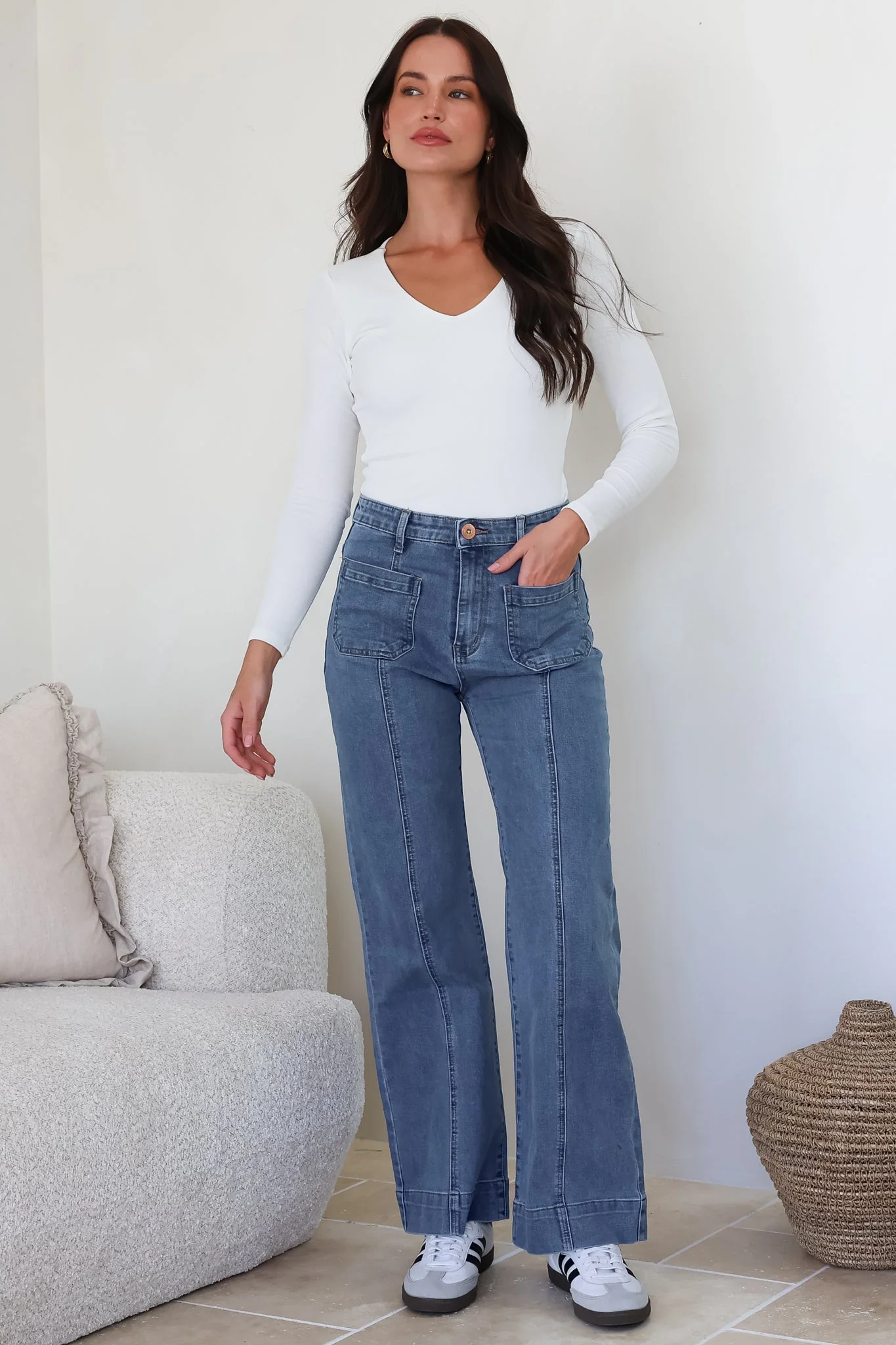 Marsha Jeans - High Waisted Wide Leg Jean with Front Seam Detail in Mid Denim Wash - Image 6