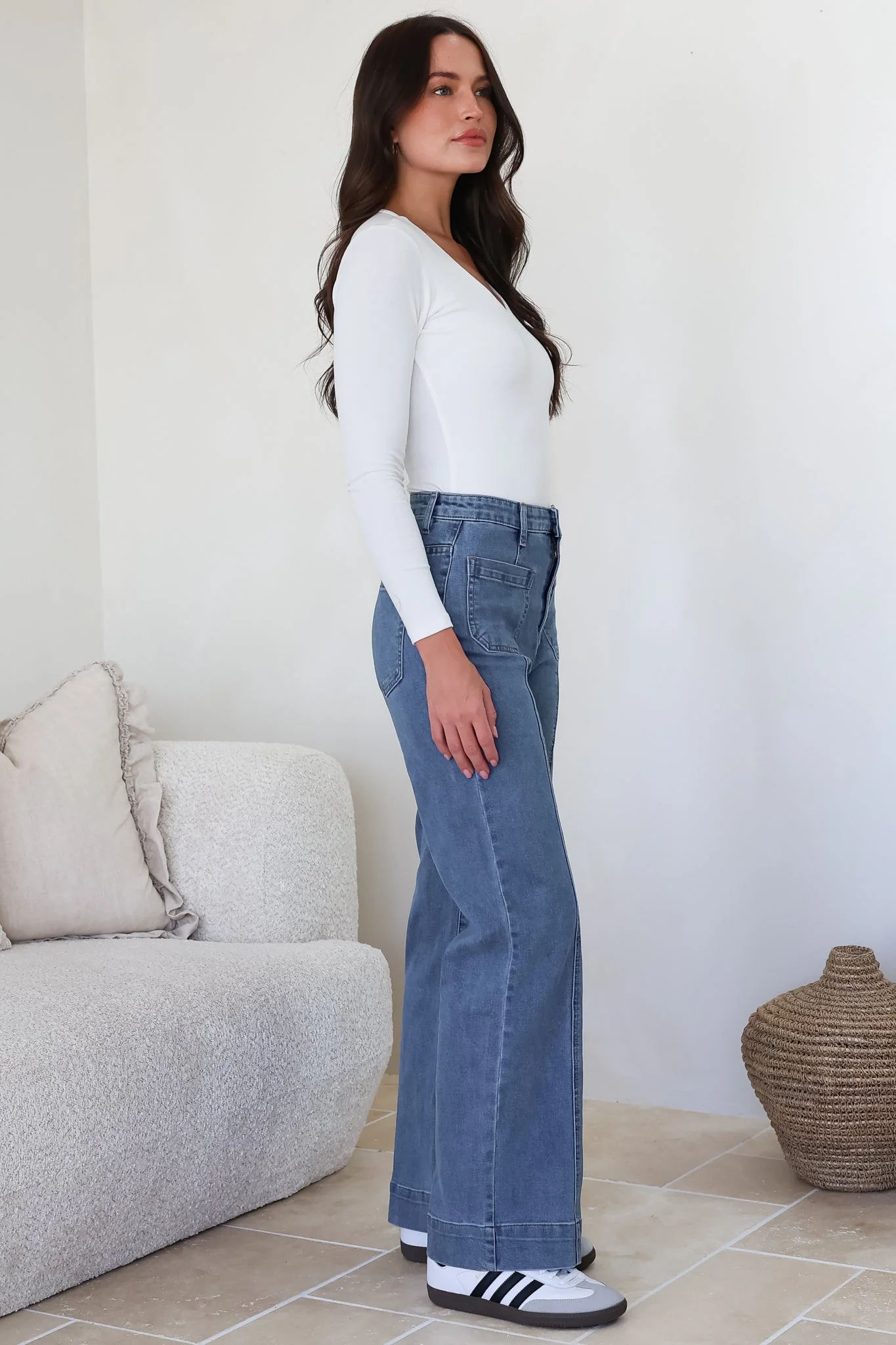 Marsha Jeans - High Waisted Wide Leg Jean with Front Seam Detail in Mid Denim Wash - Image 7