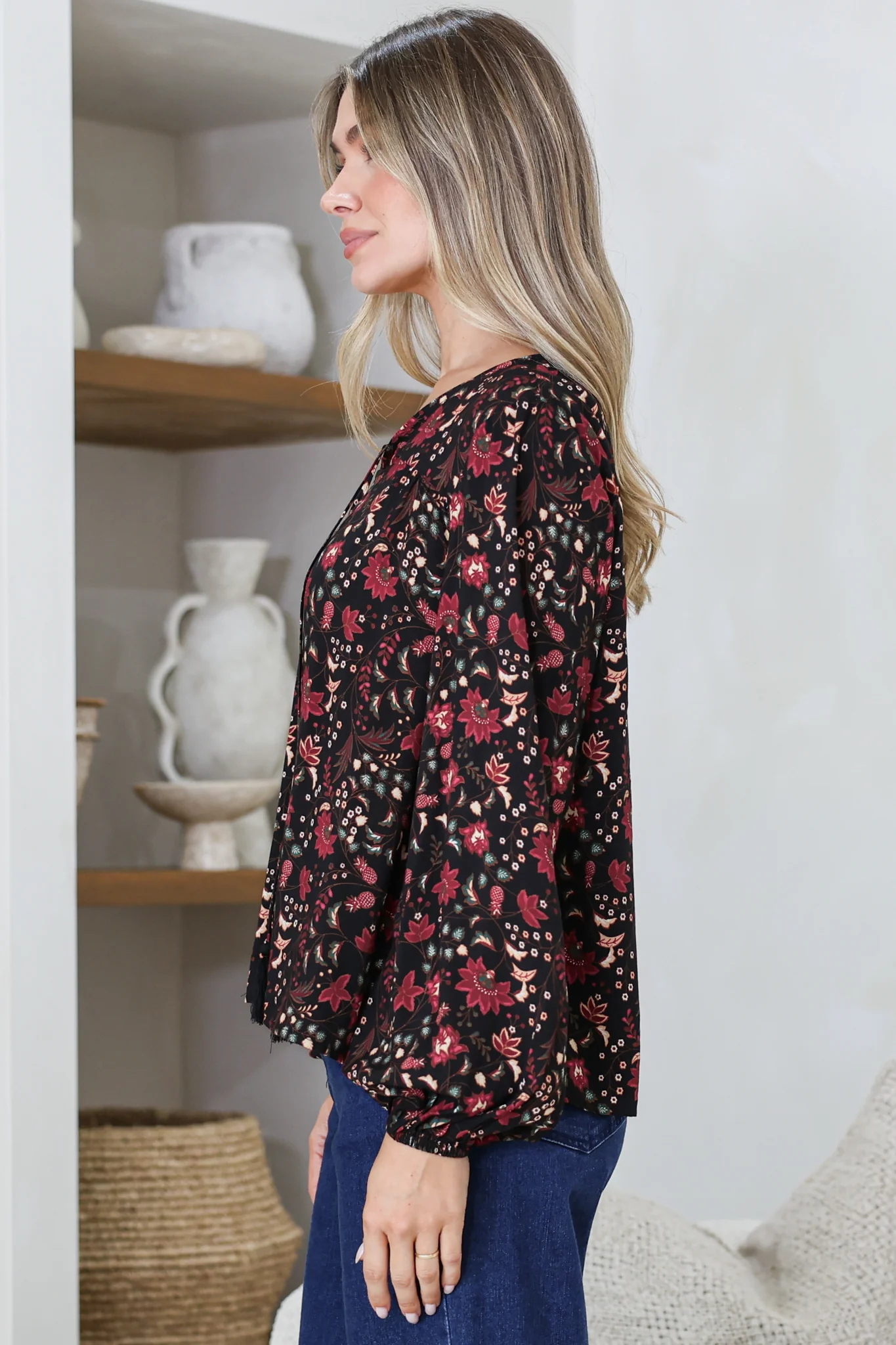Mathilde Top - Soft V-Neck Pull Over with Long Sleeves and Neck Tie with Tassels in Nanushka Print - Image 5
