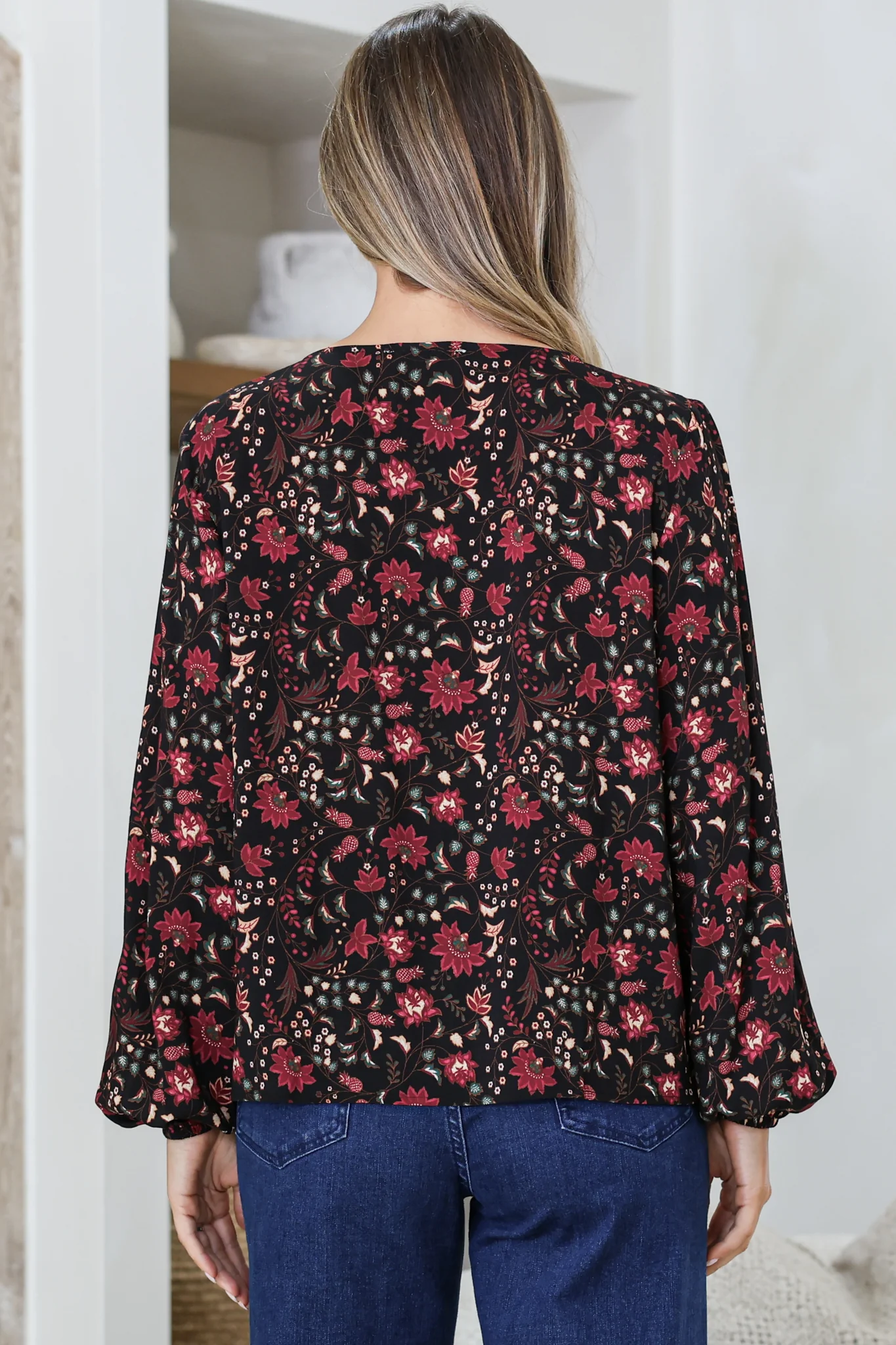 Mathilde Top - Soft V-Neck Pull Over with Long Sleeves and Neck Tie with Tassels in Nanushka Print - Image 6
