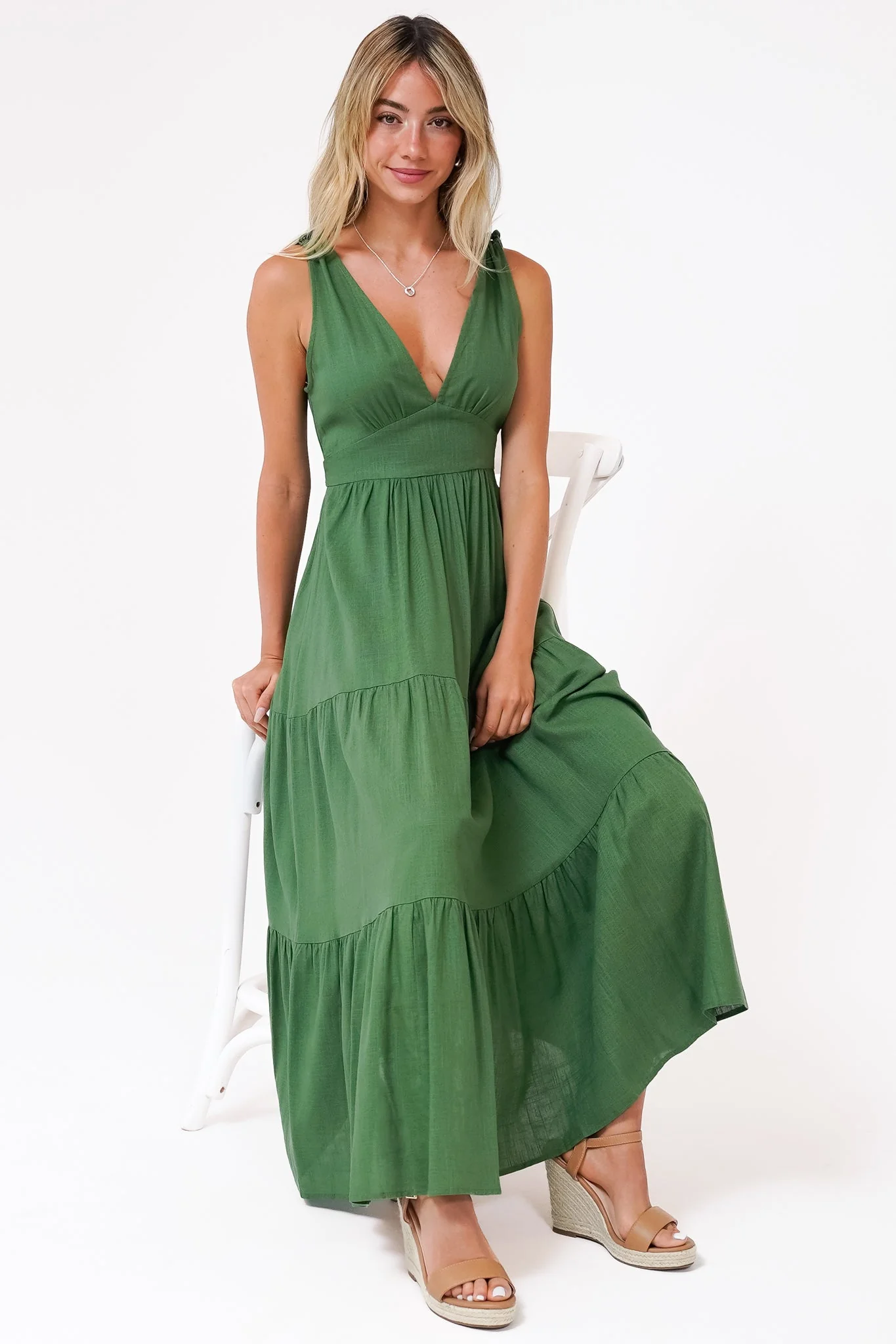 Maude Maxi Dress - Deep V-Neck Ties on Shoulders Tiered Dress in Green - Image 2