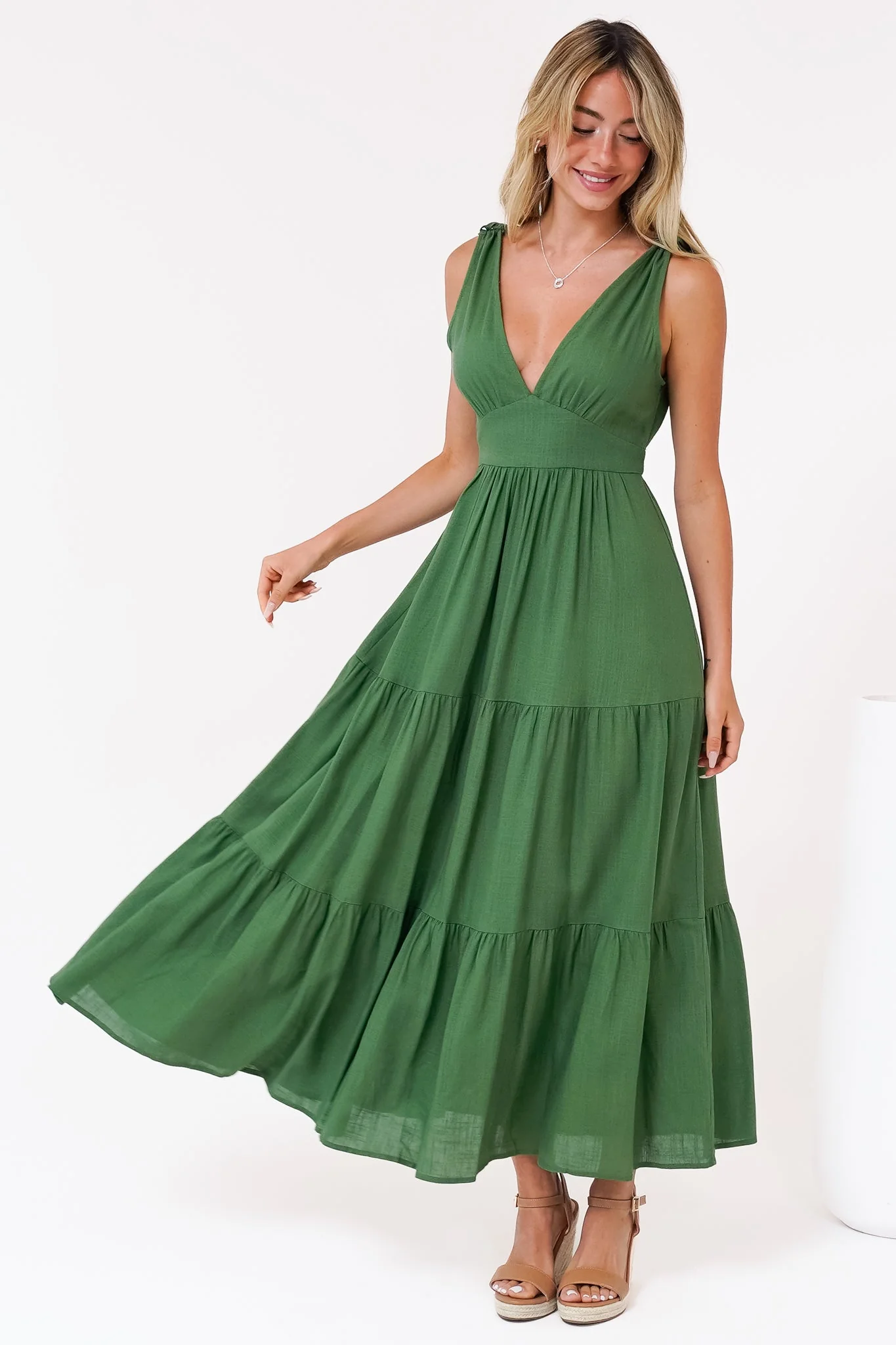 Maude Maxi Dress - Deep V-Neck Ties on Shoulders Tiered Dress in Green - Image 3