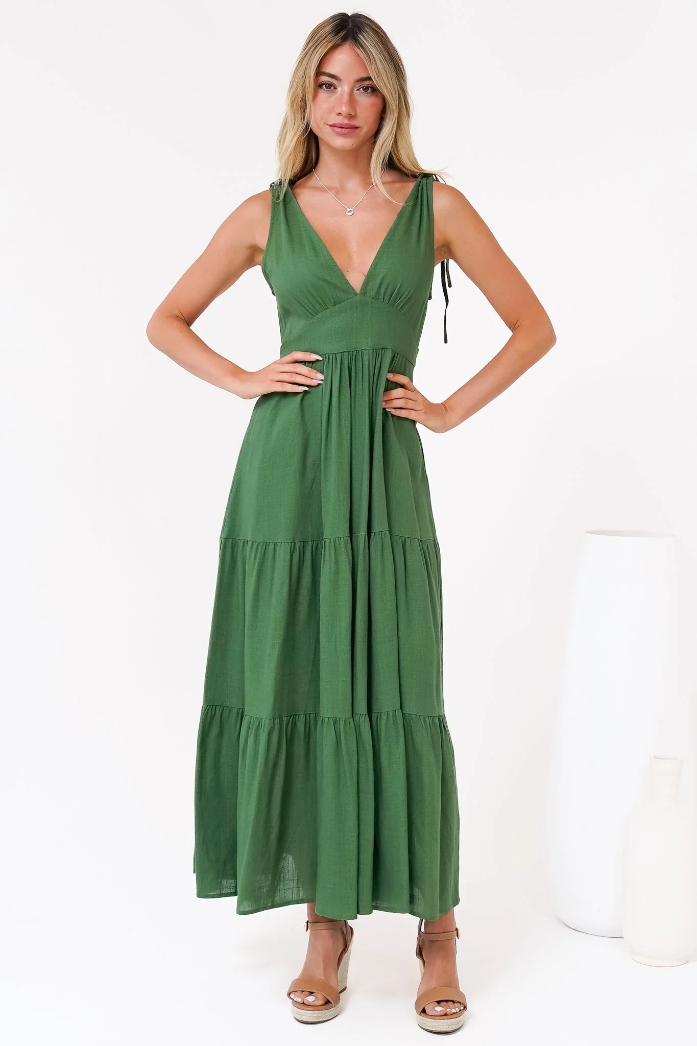 Maude Maxi Dress - Deep V-Neck Ties on Shoulders Tiered Dress in Green - Image 4