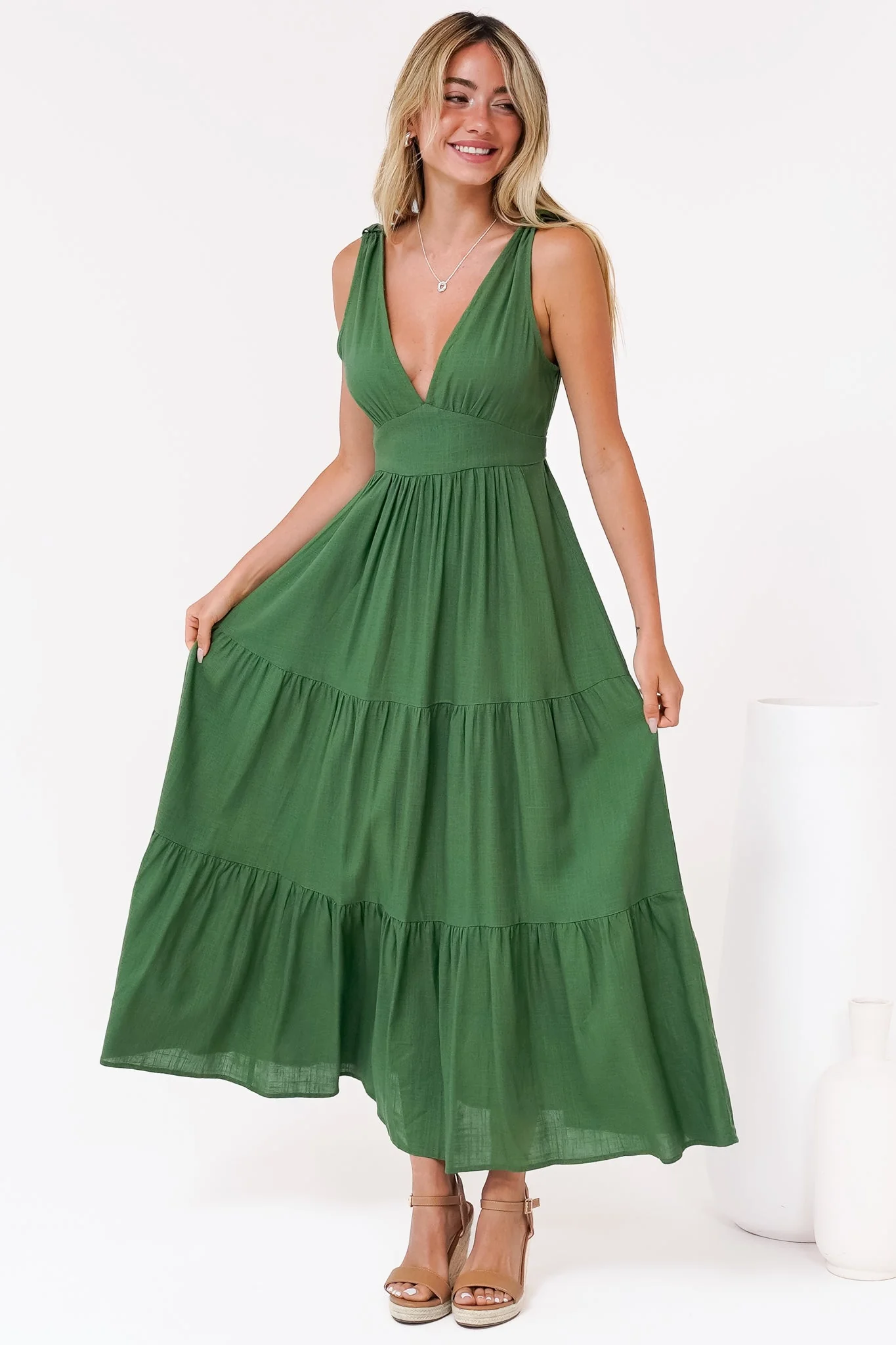 Maude Maxi Dress - Deep V-Neck Ties on Shoulders Tiered Dress in Green - Image 5