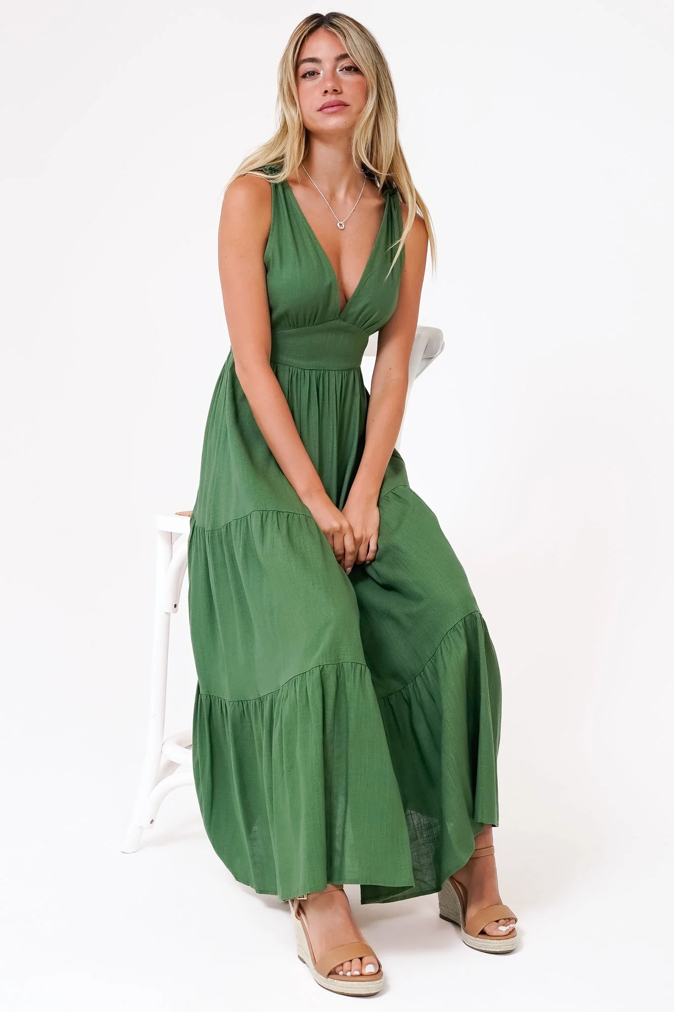 Maude Maxi Dress - Deep V-Neck Ties on Shoulders Tiered Dress in Green - Image 6