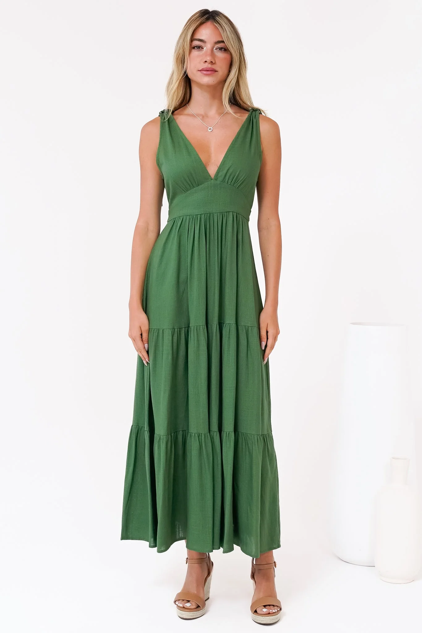 Maude Maxi Dress - Deep V-Neck Ties on Shoulders Tiered Dress in Green - Image 7