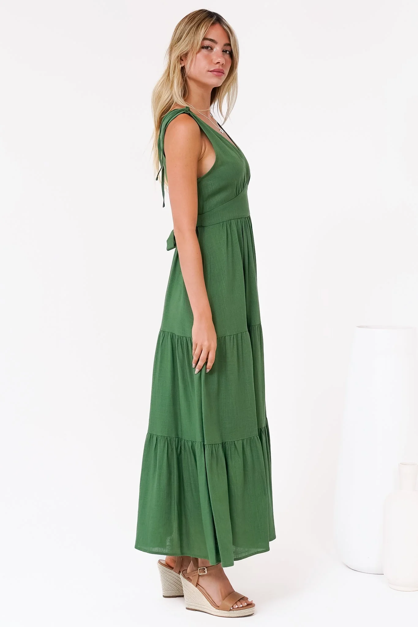 Maude Maxi Dress - Deep V-Neck Ties on Shoulders Tiered Dress in Green - Image 8