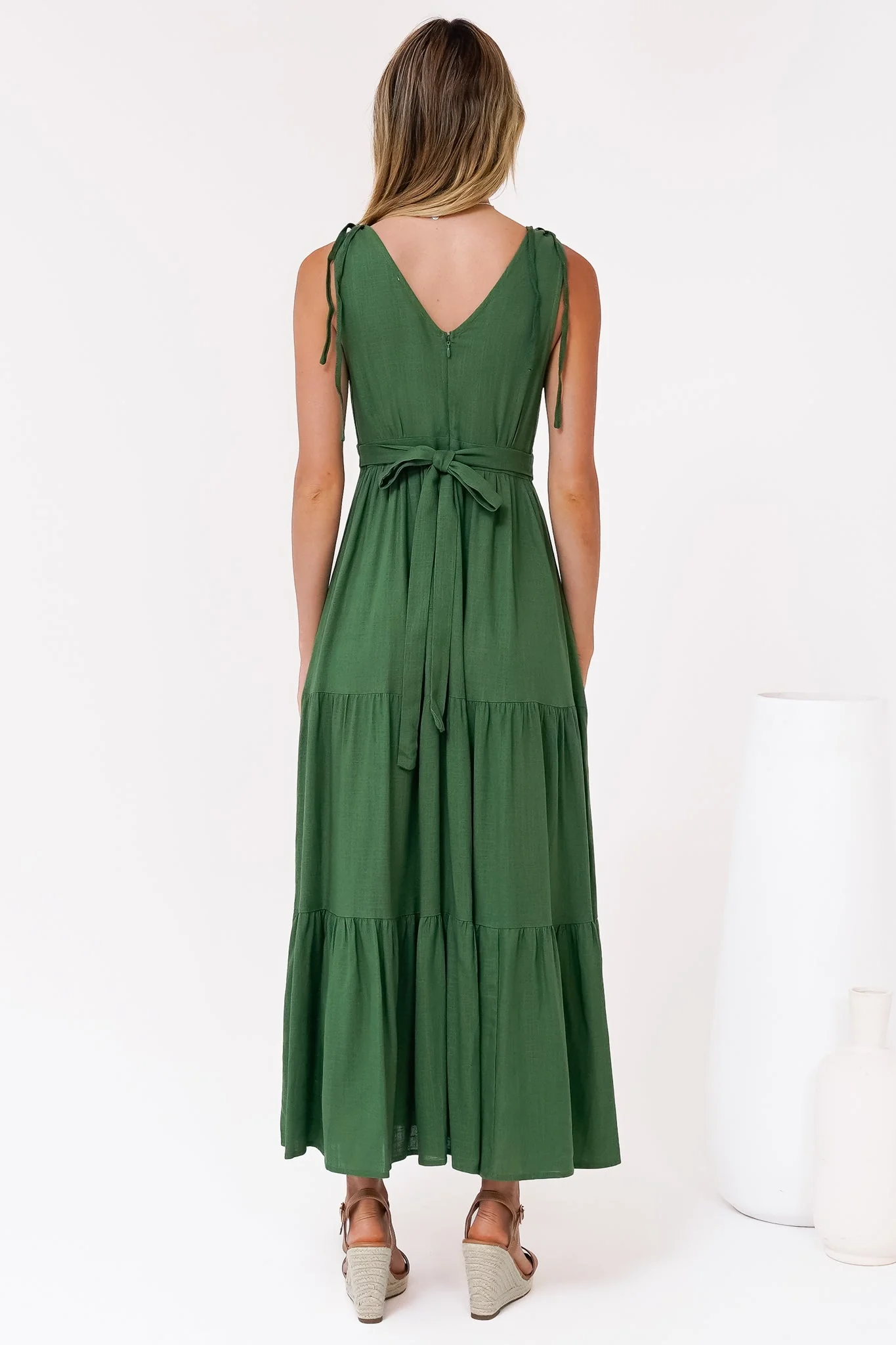 Maude Maxi Dress - Deep V-Neck Ties on Shoulders Tiered Dress in Green - Image 9