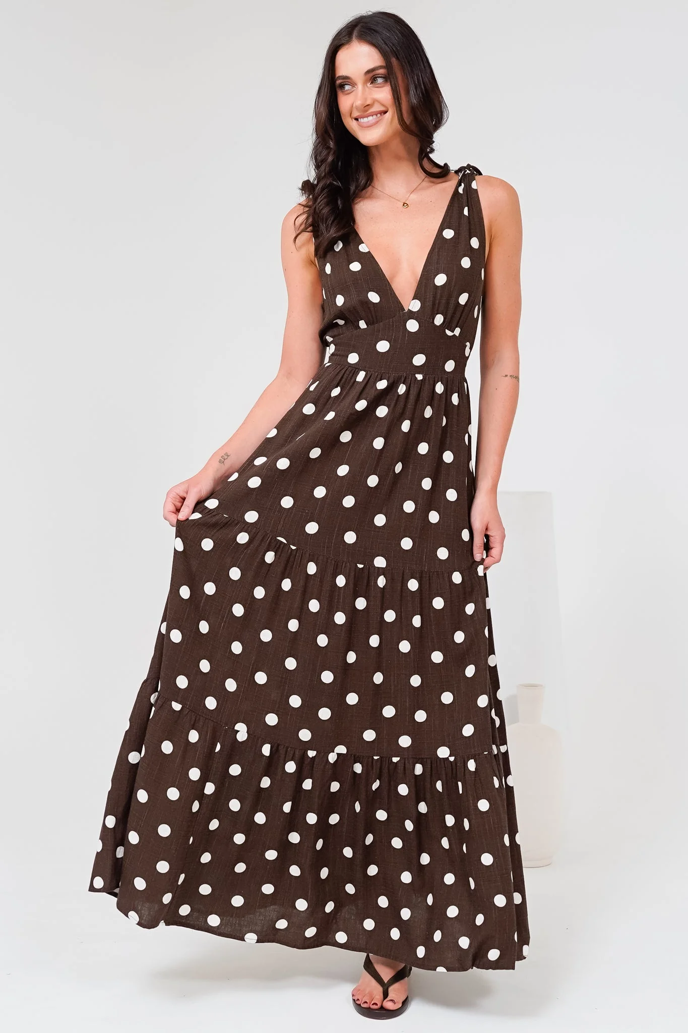 Maude Maxi Dress - Deep V-Neck Ties on Shoulders Tiered Dress in Kitson Spot Print Chocolate - Image 2