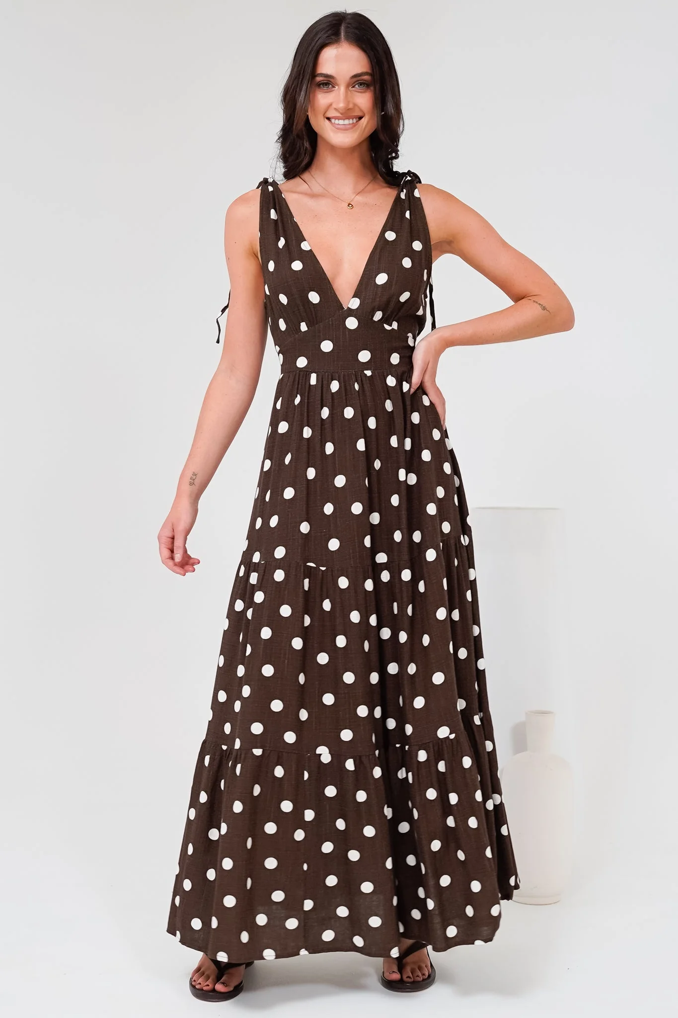Maude Maxi Dress - Deep V-Neck Ties on Shoulders Tiered Dress in Kitson Spot Print Chocolate - Image 4