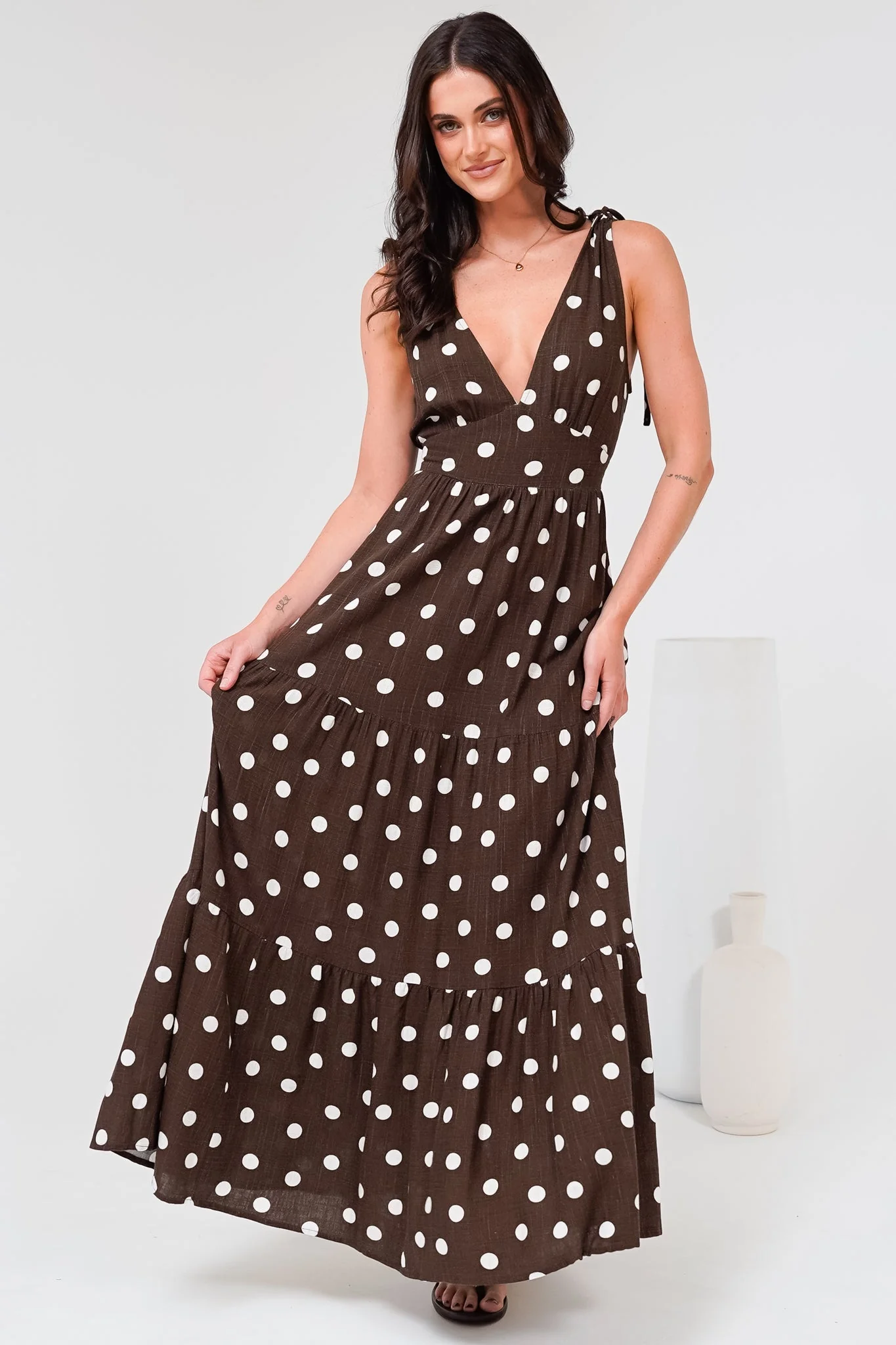 Maude Maxi Dress - Deep V-Neck Ties on Shoulders Tiered Dress in Kitson Spot Print Chocolate - Image 5