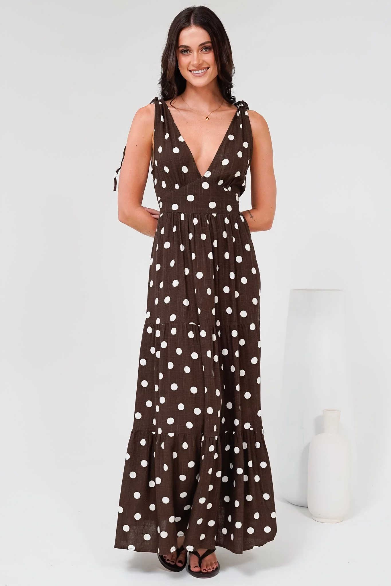 Maude Maxi Dress - Deep V-Neck Ties on Shoulders Tiered Dress in Kitson Spot Print Chocolate - Image 6