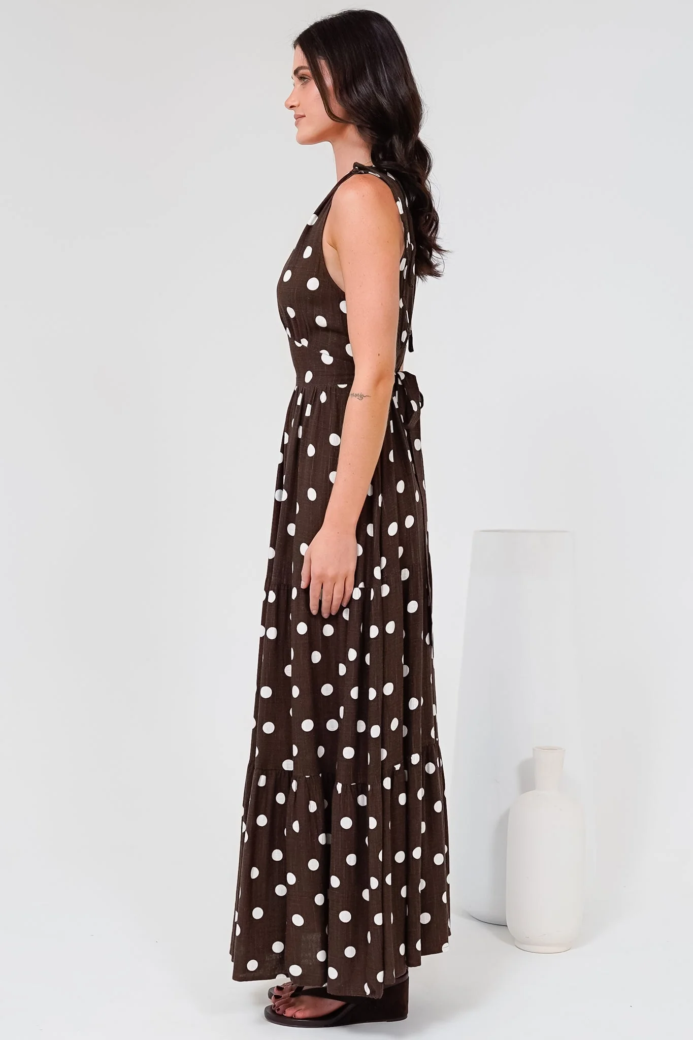 Maude Maxi Dress - Deep V-Neck Ties on Shoulders Tiered Dress in Kitson Spot Print Chocolate - Image 7