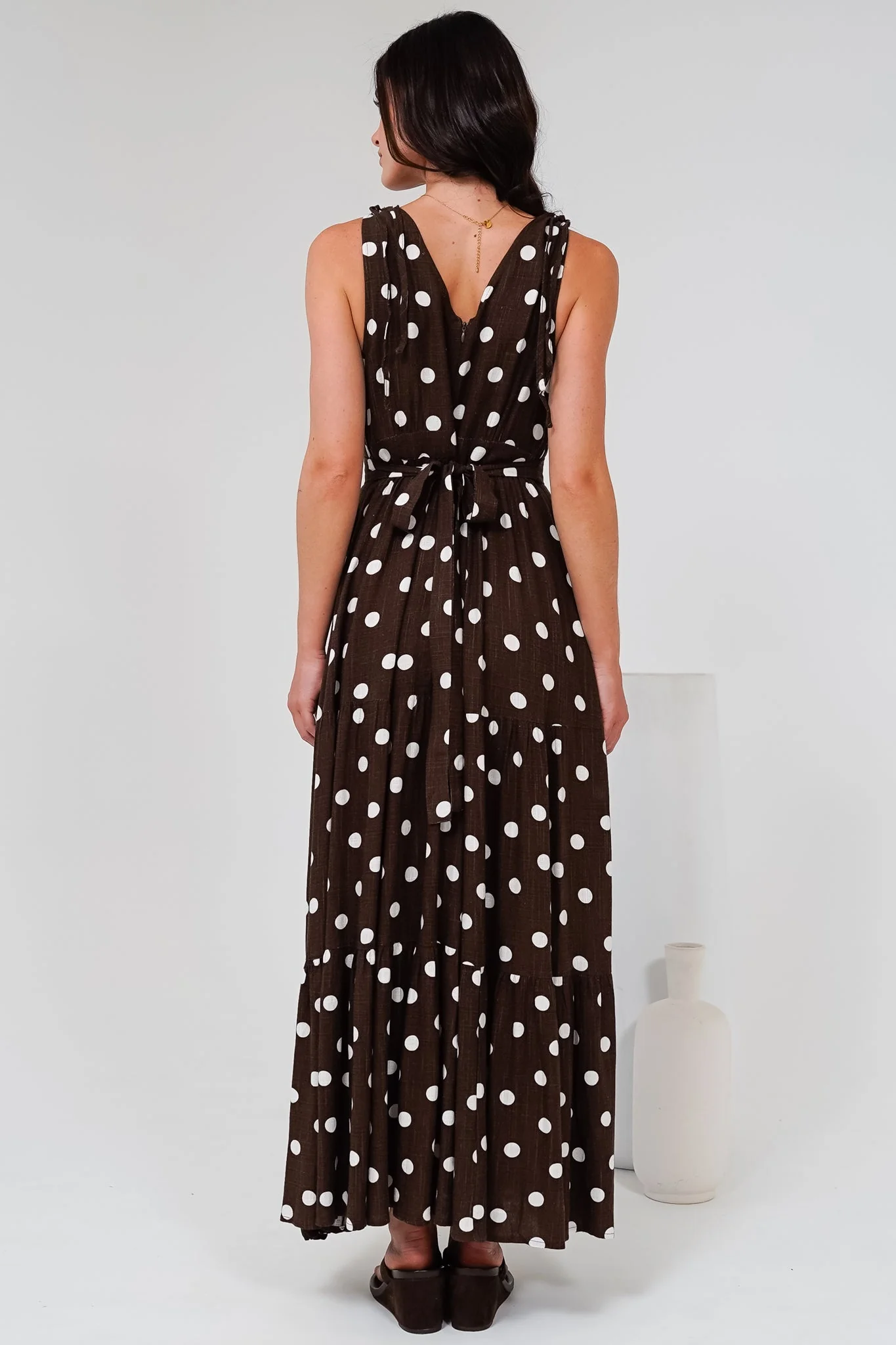 Maude Maxi Dress - Deep V-Neck Ties on Shoulders Tiered Dress in Kitson Spot Print Chocolate - Image 8